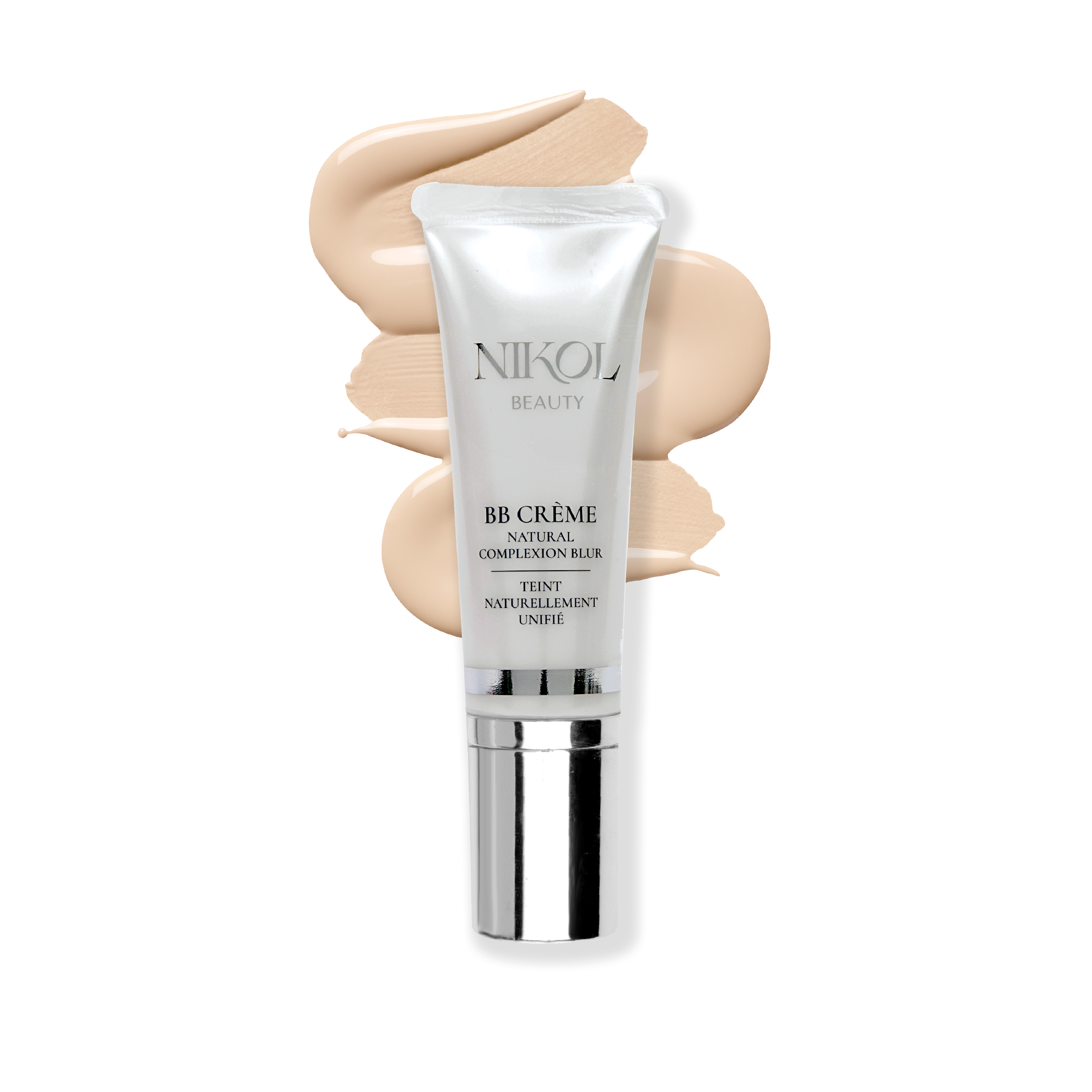 Nikol Beauty BB Creme tube with swatches of foundation on a white background.