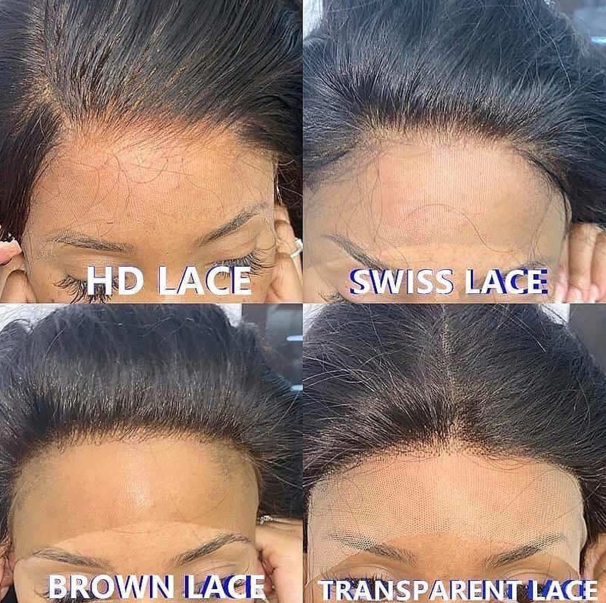 A side-by-side comparison displaying four close-up views of wig hairlines labeled HD Lace, Swiss Lace, Brown Lace, and Transparent Lace.