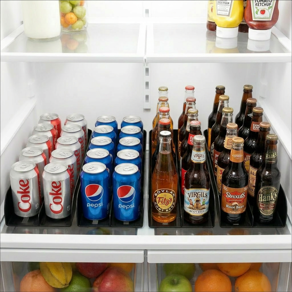 FIFO beverage organizer trays in a refrigerator holding soda cans and glass bottles, neatly arranged for easy access and drink rotation