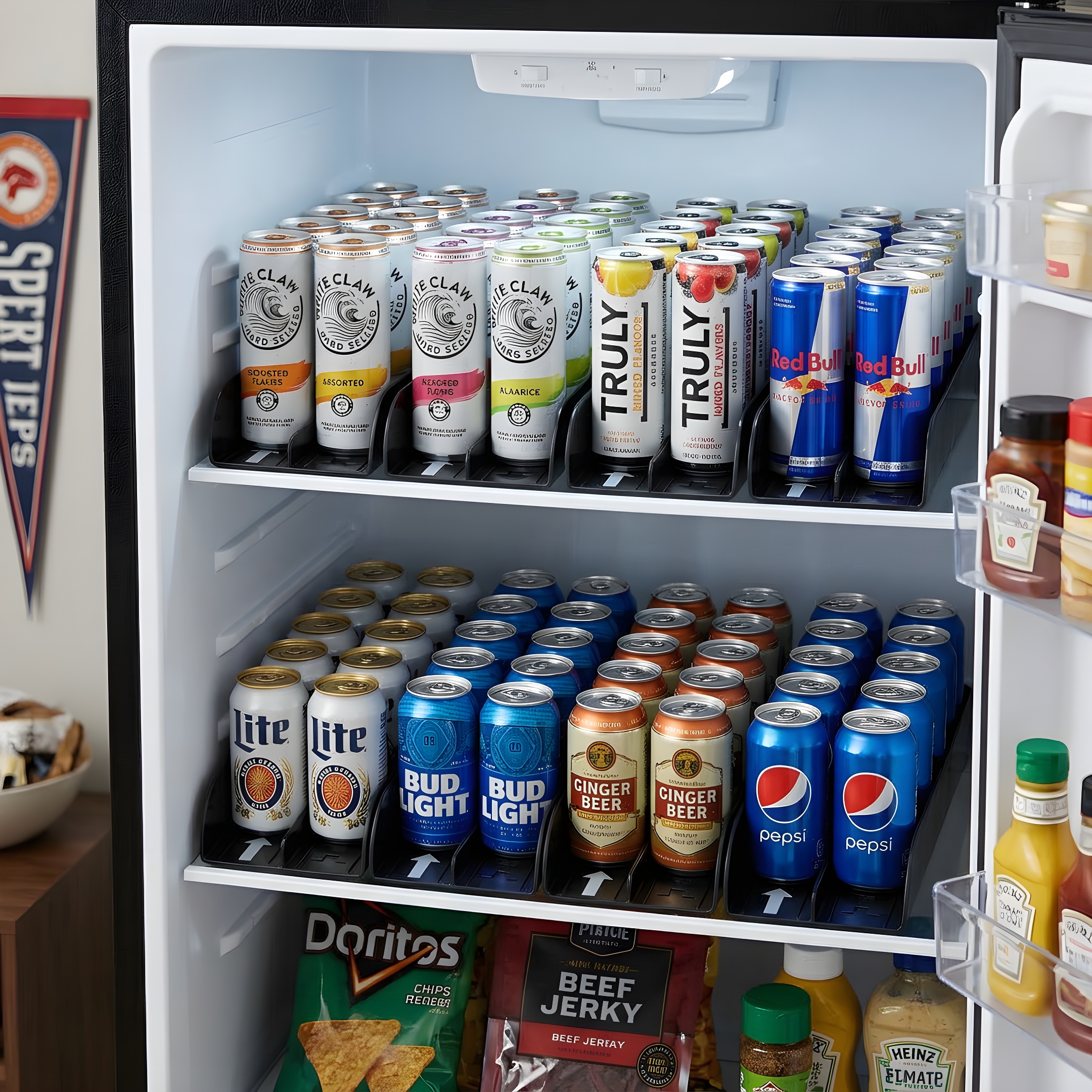 Organized refrigerator with FIFO beverage trays holding beer, seltzers, and soda cans, showing drink rotation system and fridge drink organizer for easy access