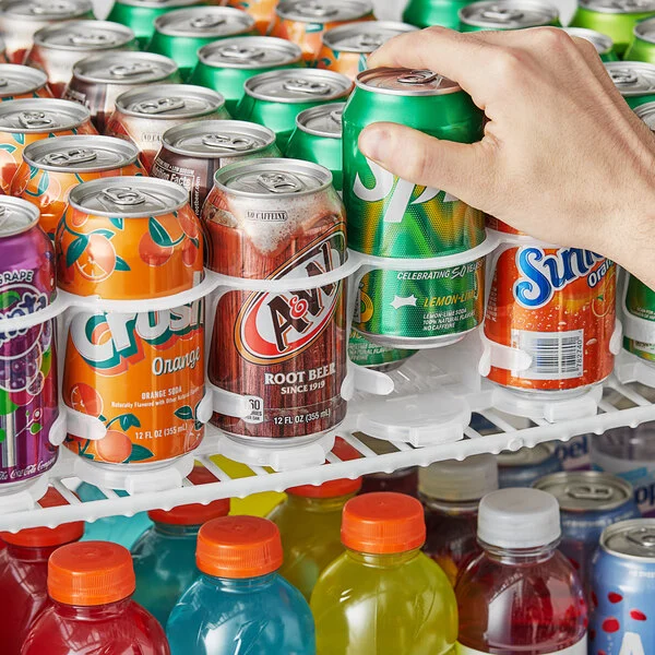 The Beverage-Air Flow Trak system with its adjustable lanes holding both bottles and cans.