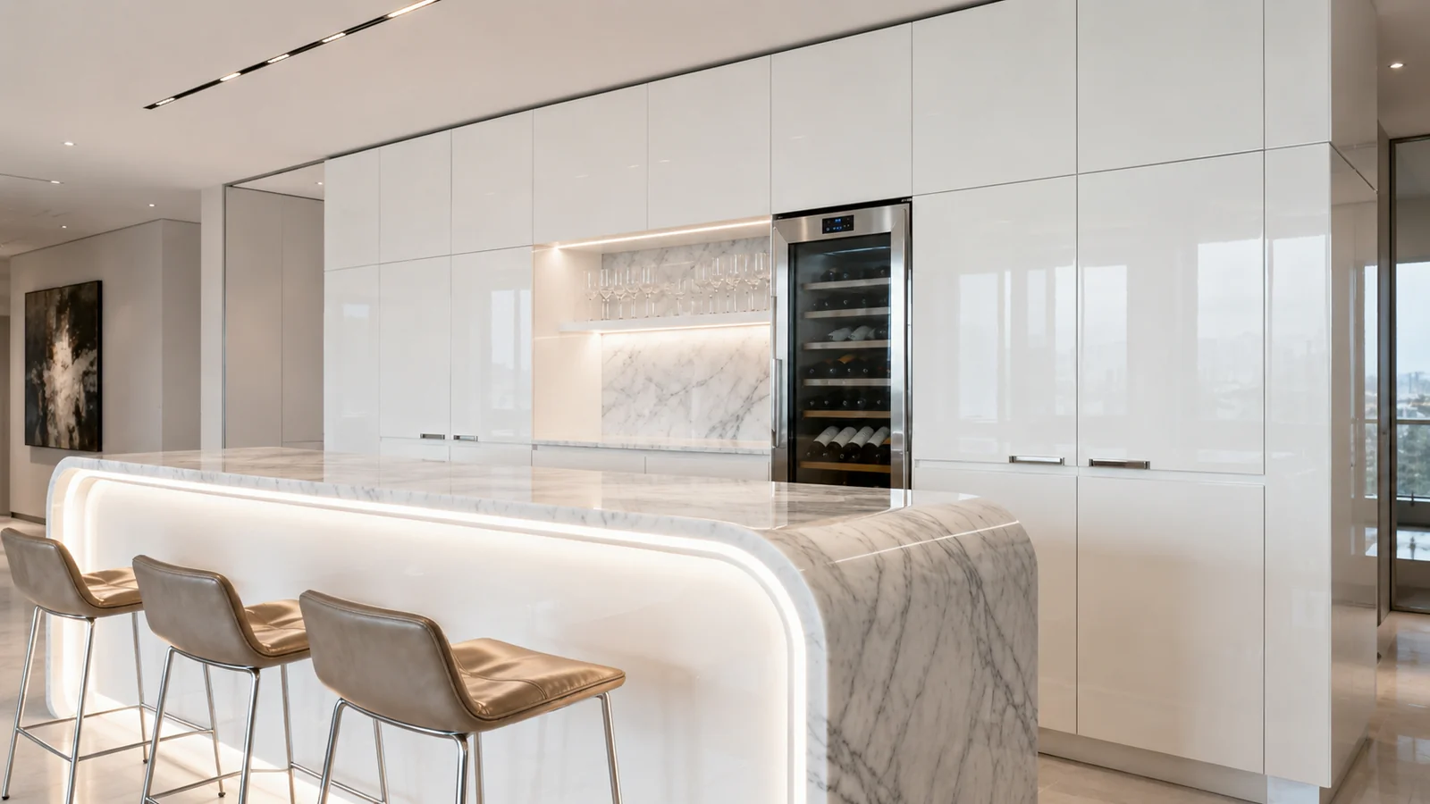 Modern white kitchen with marble island, bar stools, and wine fridge.