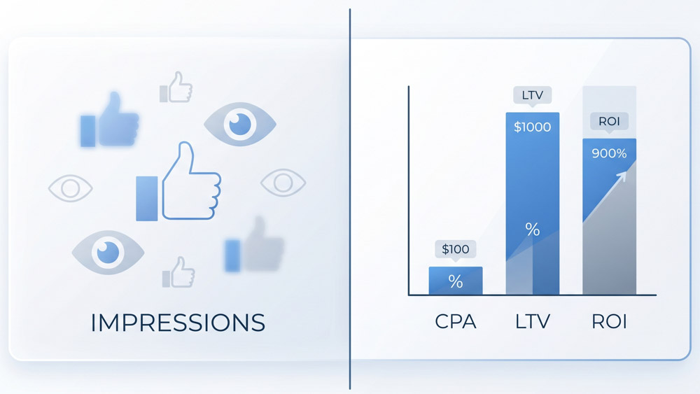 Impressions with likes and eyes, contrasted with a bar graph showing CPA, LTV, and ROI.