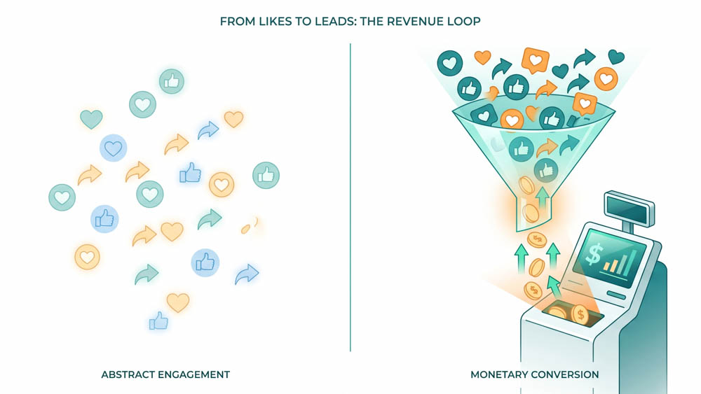 Illustration showing social media engagement icons converting into money via a funnel and cash register.
