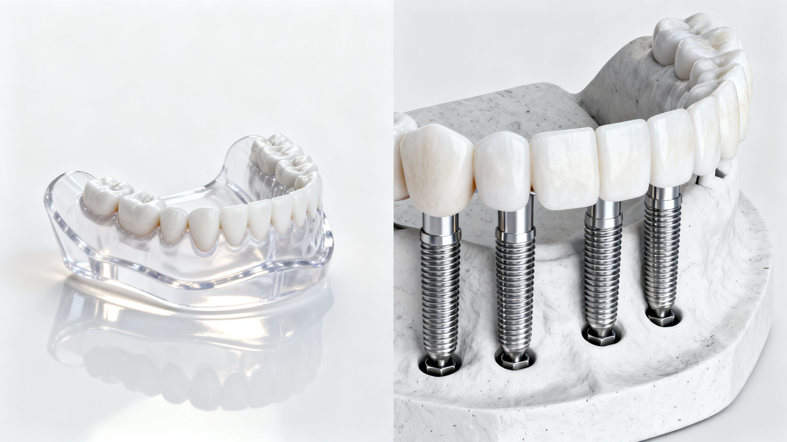 Dental implant models showing a clear denture and a bridge on implants.
