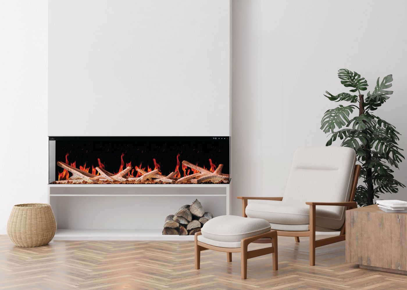 Modern living room with Napoleon electric fireplace, armchair, and plant.