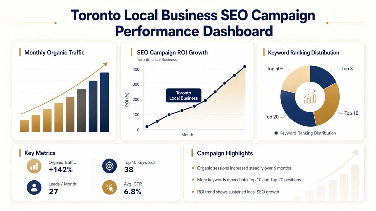 Toronto Local Business SEO Campaign Performance Dashboard showing traffic, ROI, and keyword rankings.