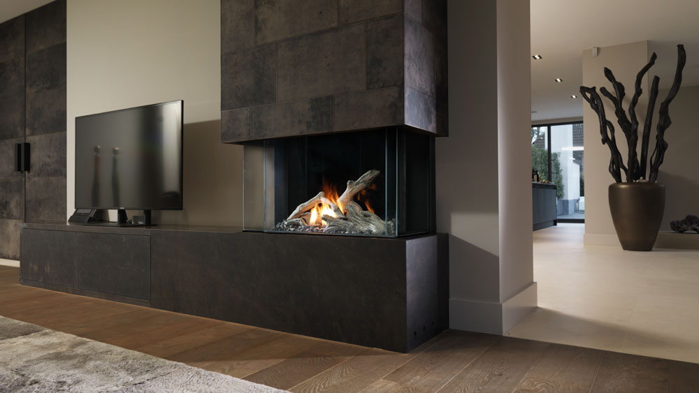Modern living room with a sleek fireplace and television.
