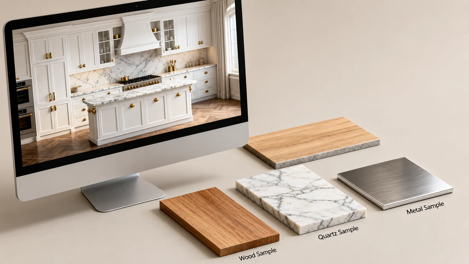 A 3D rendering of a classic kitchen design on a computer screen next to material samples like wood and quartz.