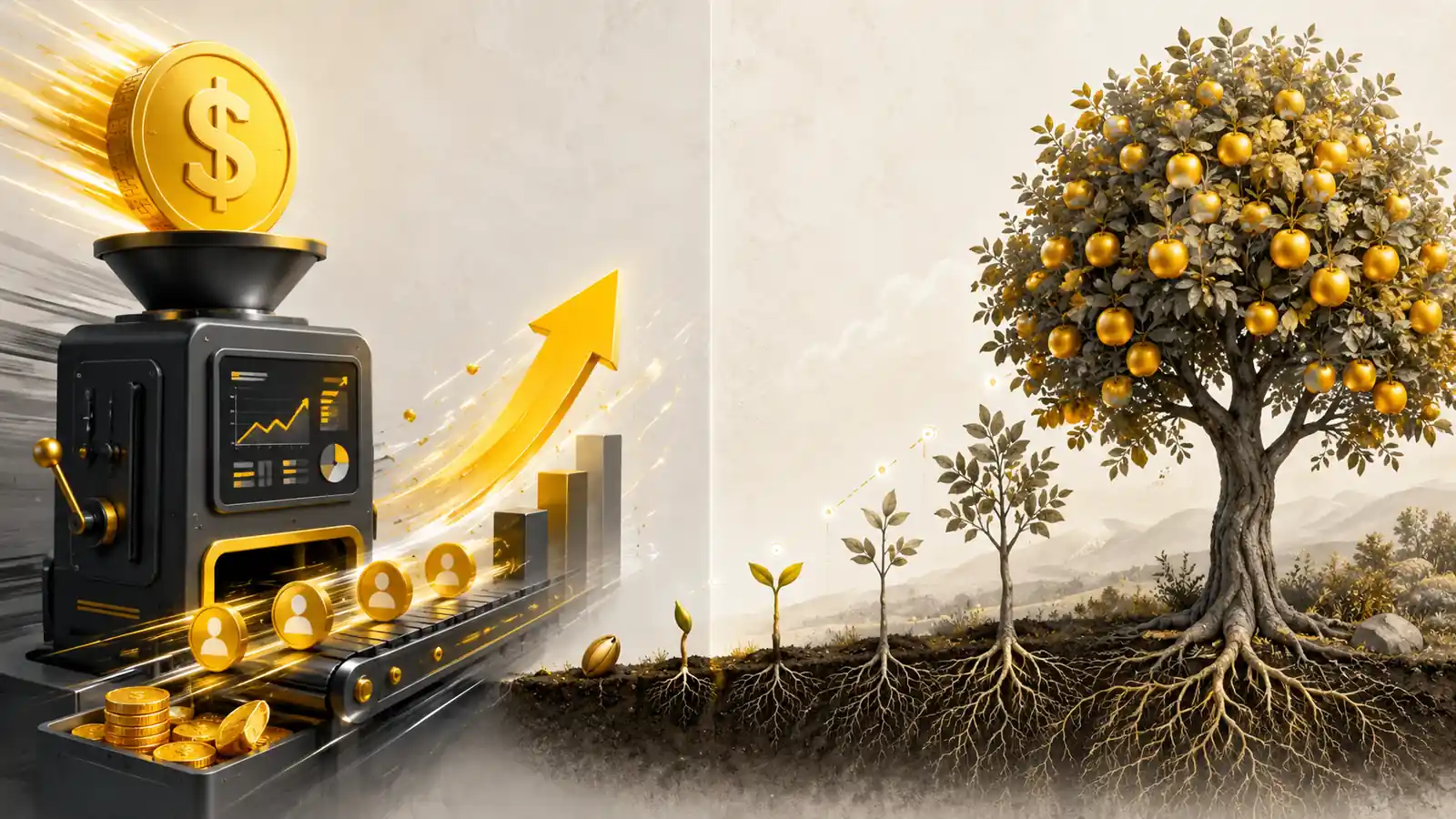 Split image comparing Google Ads quick returns on the left with SEO long-term compounding growth represented as a fruit-bearing tree on the right