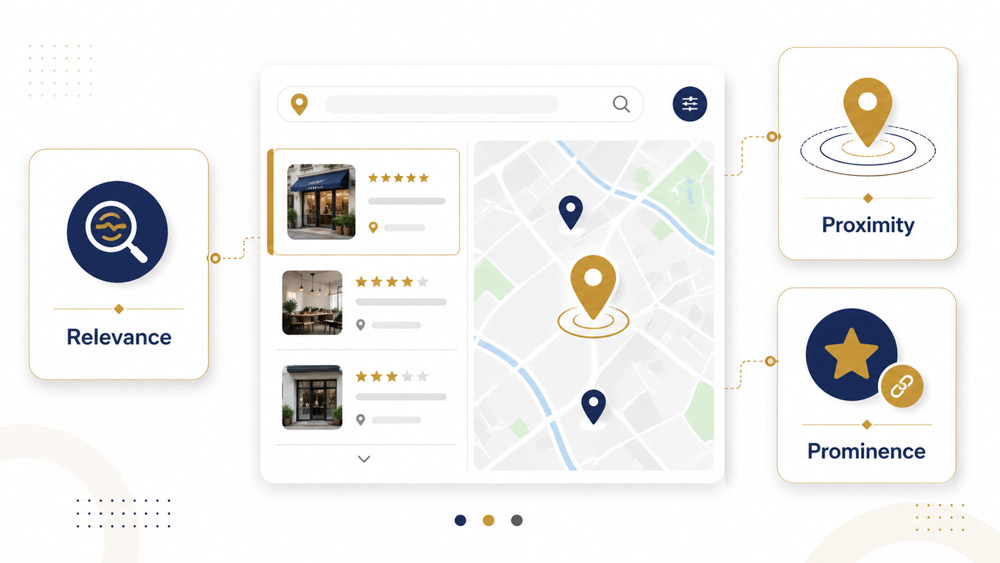 Illustration showing relevance, proximity, and prominence in local search results.