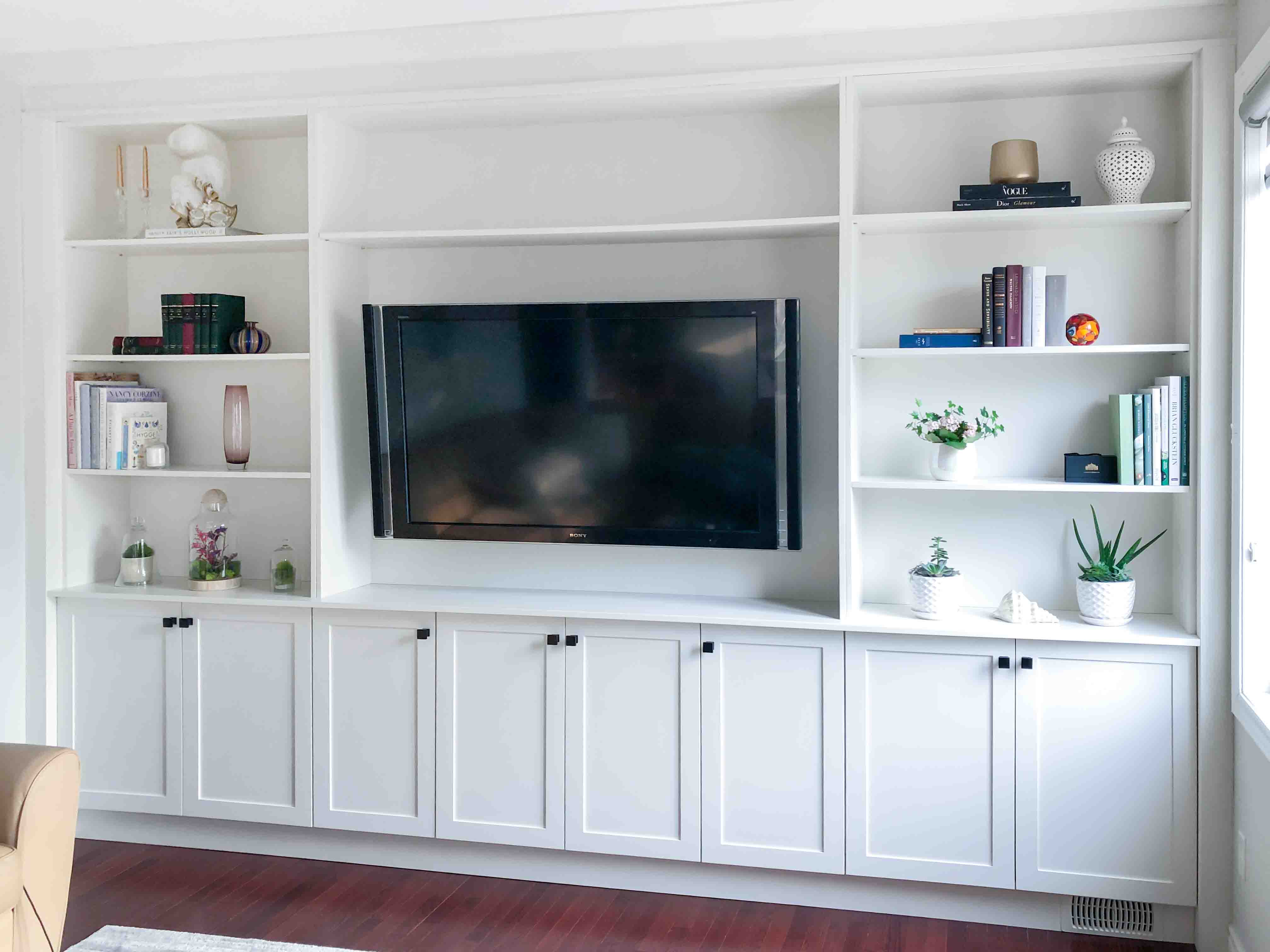 White built-in shelving unit with a TV, books, plants, and decorative items.