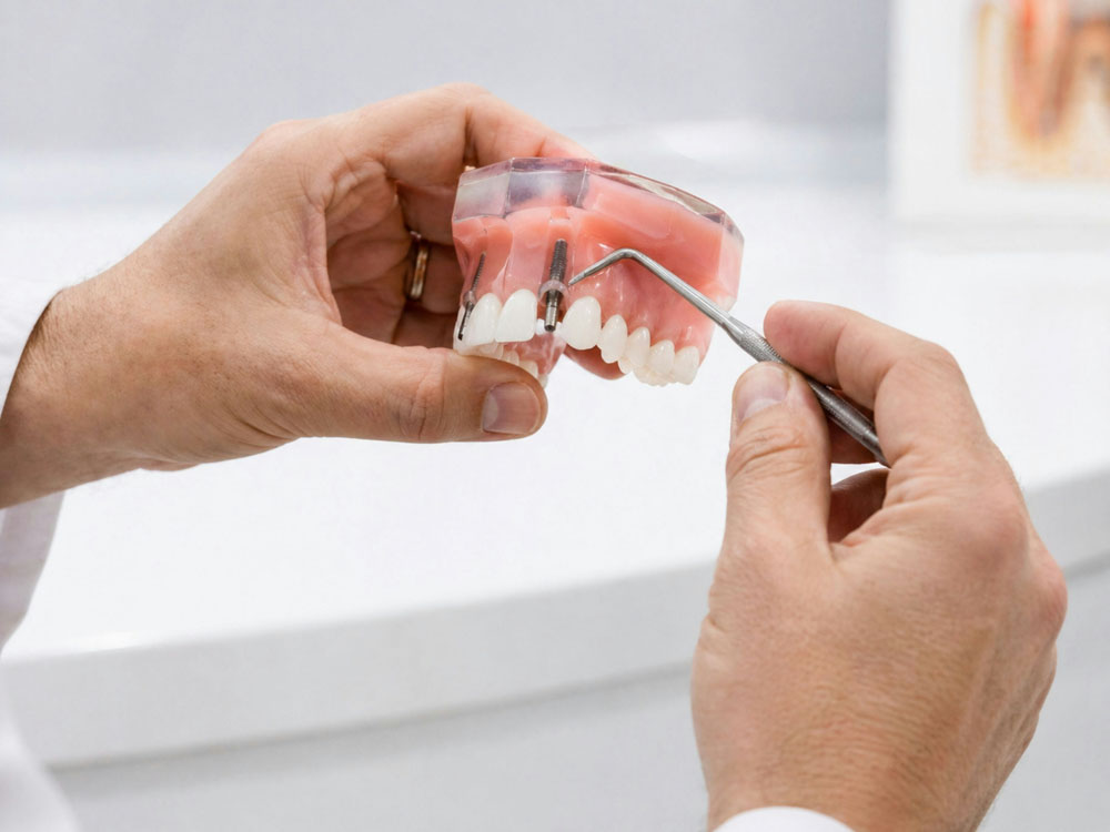 Dentist demonstrating dental implants on a model jaw.