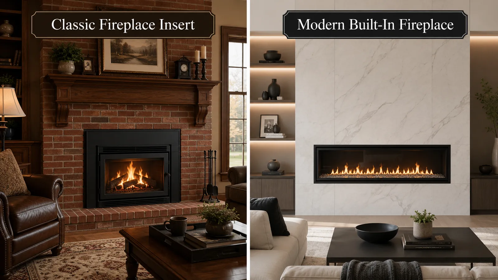 Split image comparing a classic brick fireplace insert and a modern built-in fireplace.