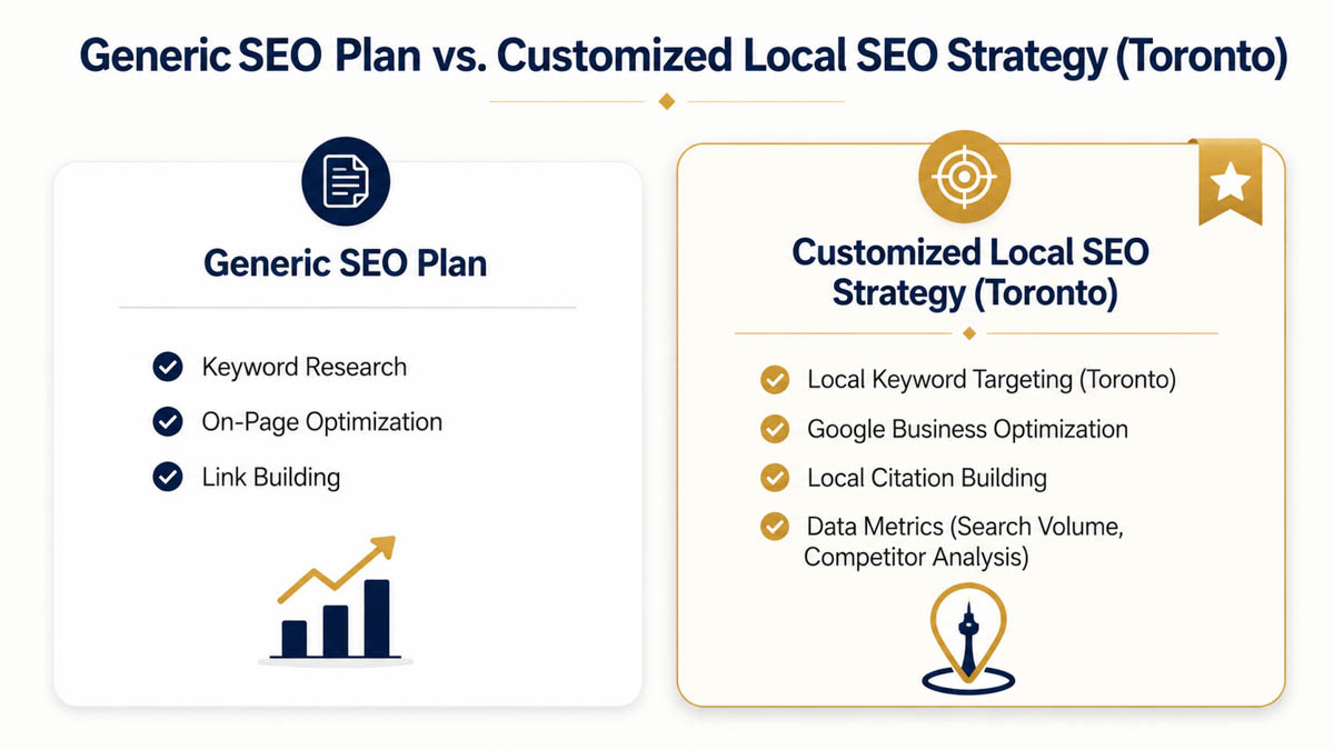 Comparison of Generic SEO Plan vs. Customized Local SEO Strategy for Toronto.