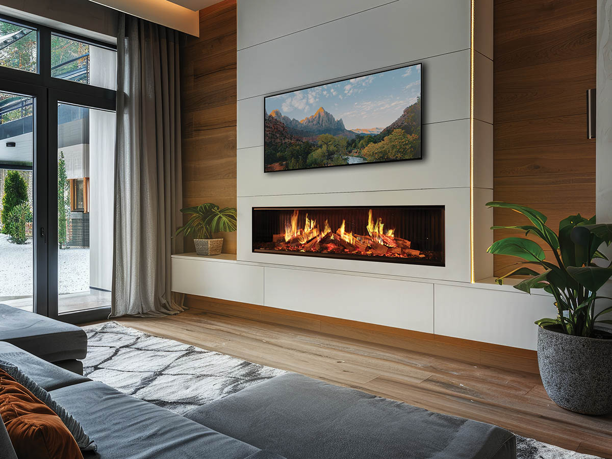 Modern living room with a modern DaVinci fireplace, TV, and large window.