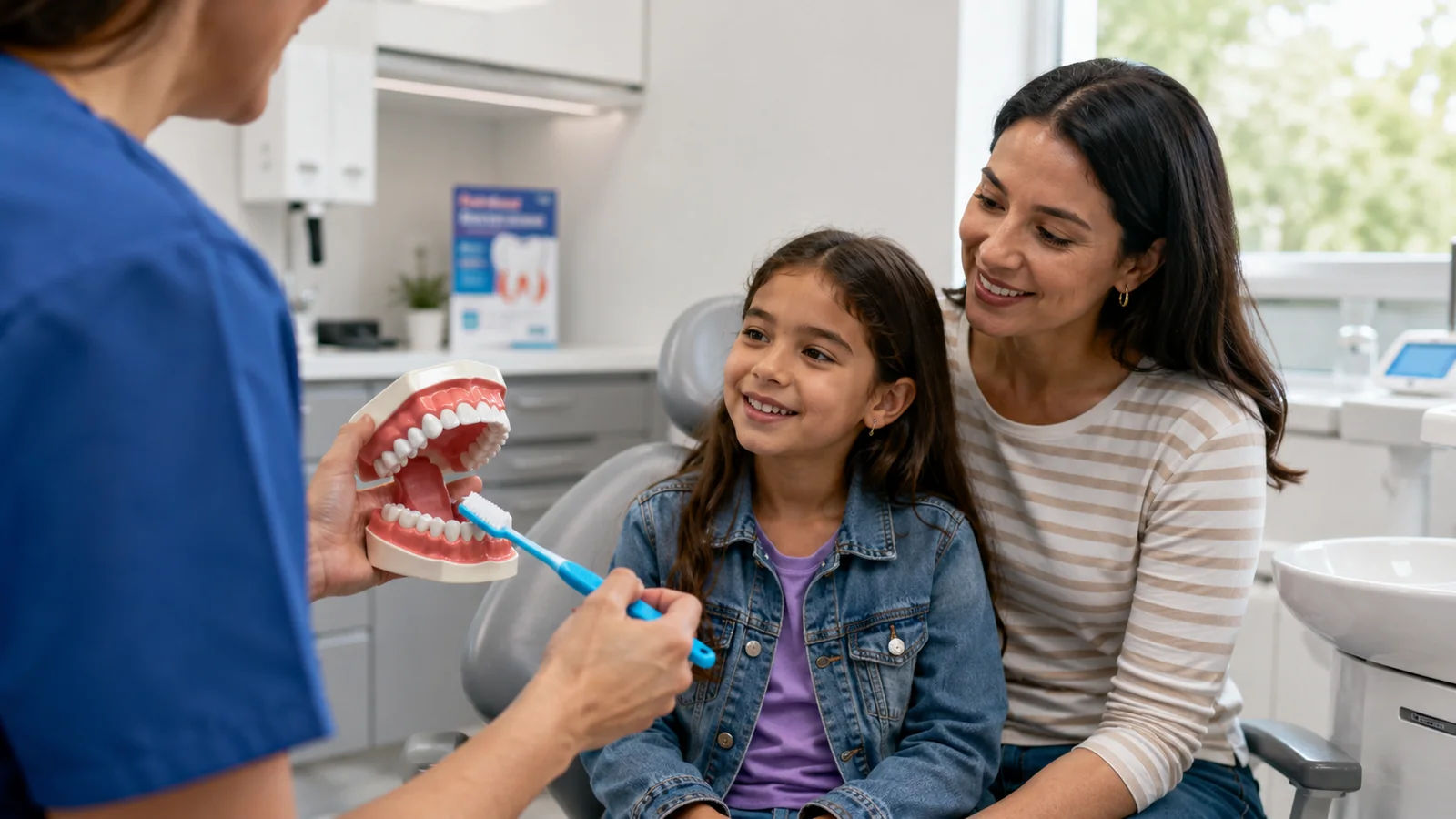 Dentist shows a model of teeth and toothbrush to a mother and daughter.