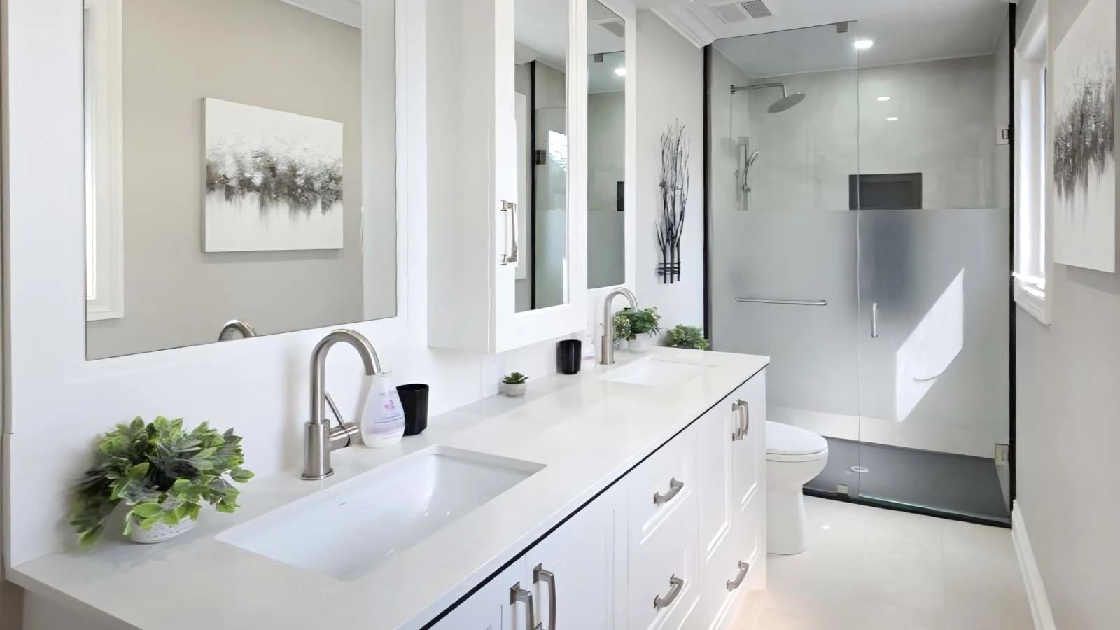 Modern white bathroom with double vanity, glass shower, and abstract art.