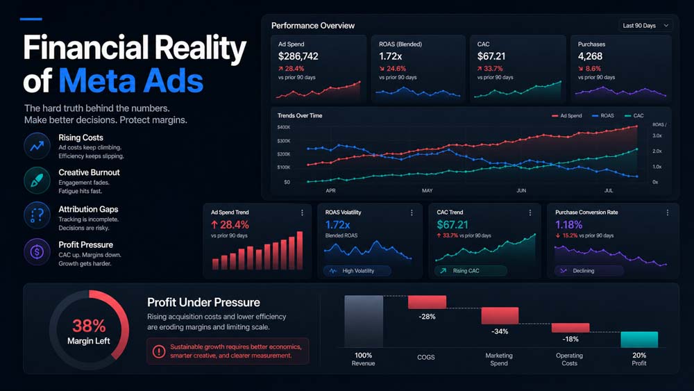 Dashboard showing the financial reality of Meta Ads with key metrics and trends.
