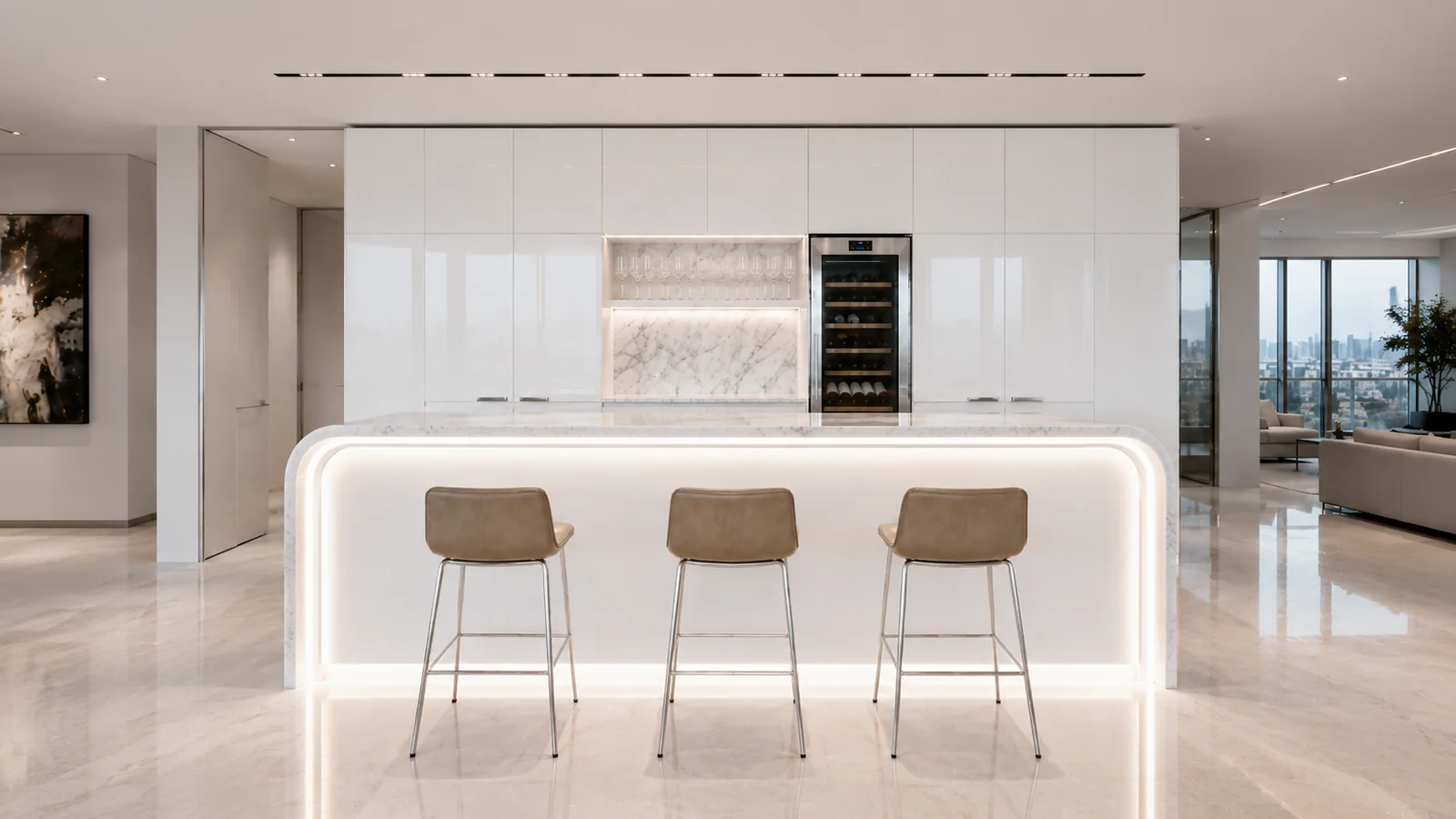 Modern kitchen island with three bar stools and a wine fridge.