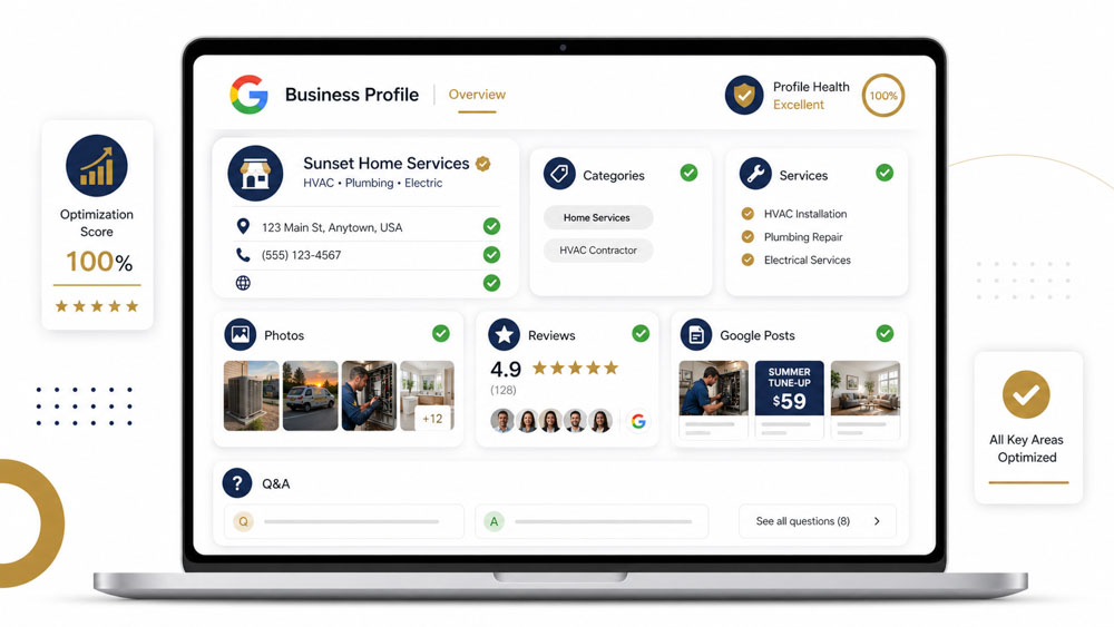 Laptop screen showing a Google Business Profile with 100% optimization score.