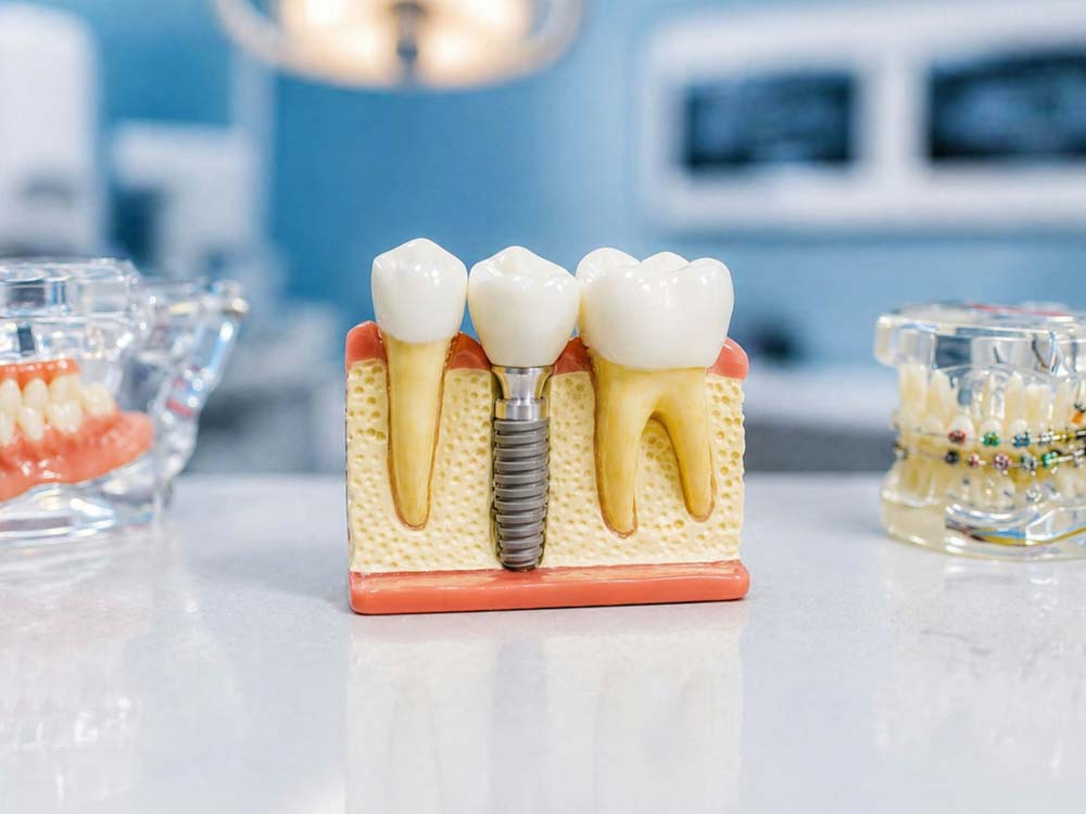 Dental implant model with teeth, jaw models, and braces in background.