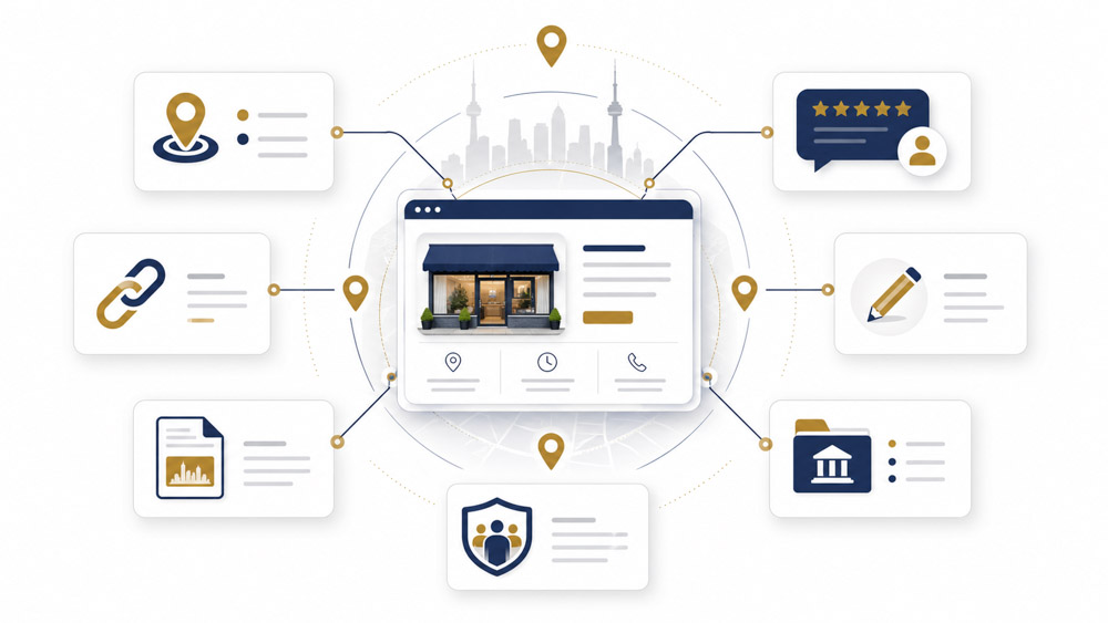 Digital marketing strategy connecting business location, reviews, and online presence.