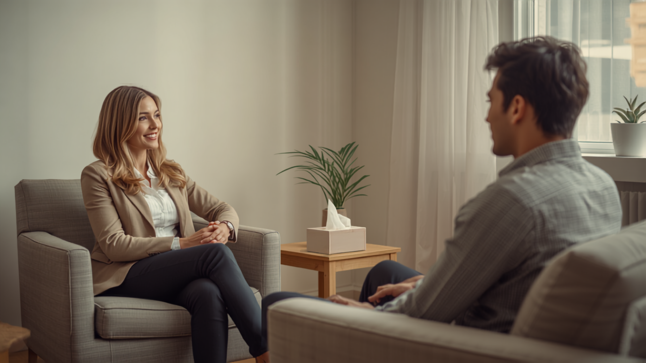 Two people in a room, one talking to the other