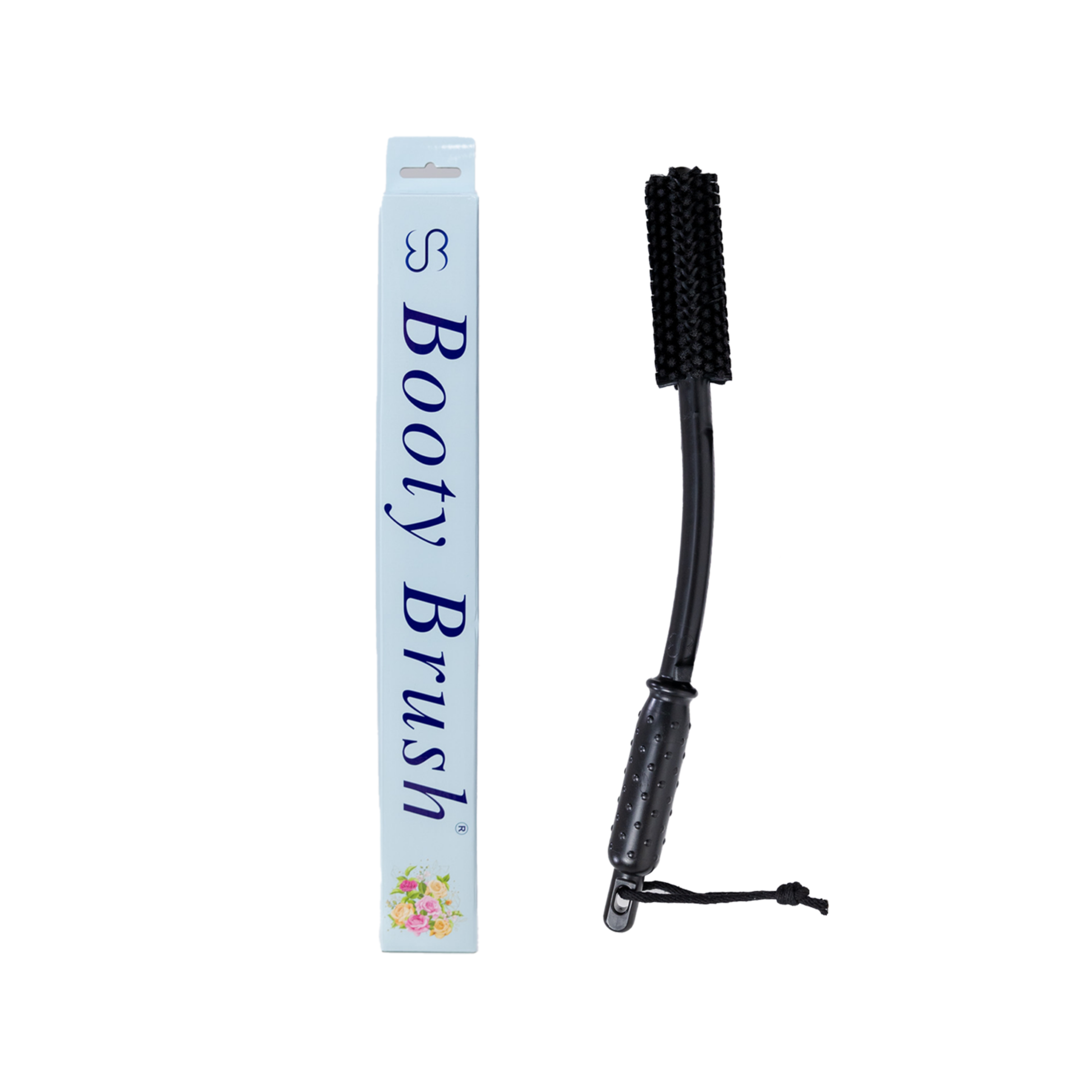 Black Booty Brush beside its retail packaging