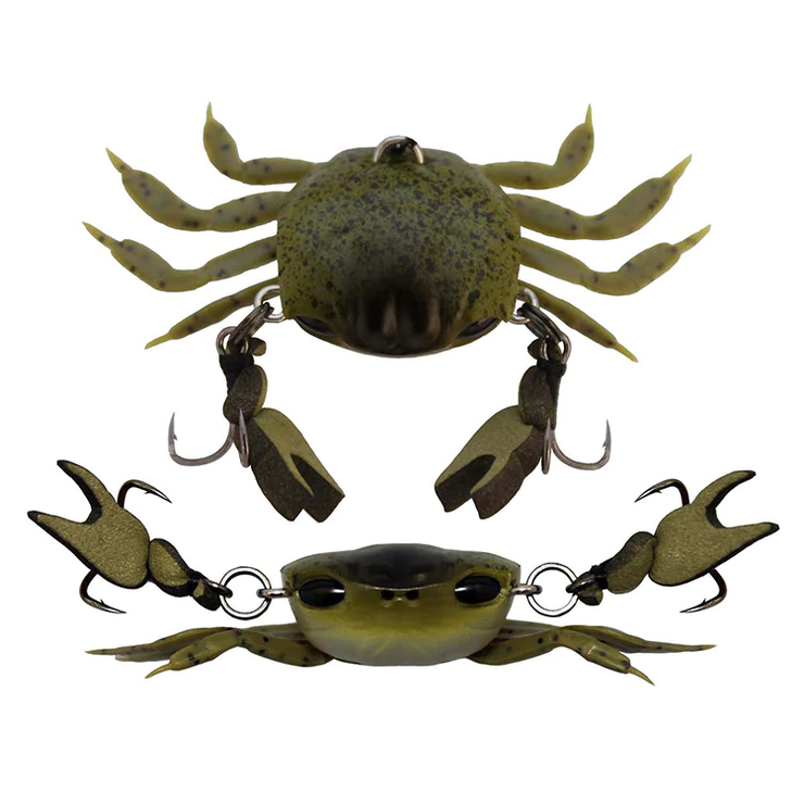 Realistic Cranka Crab fishing lure on sandy seabed.