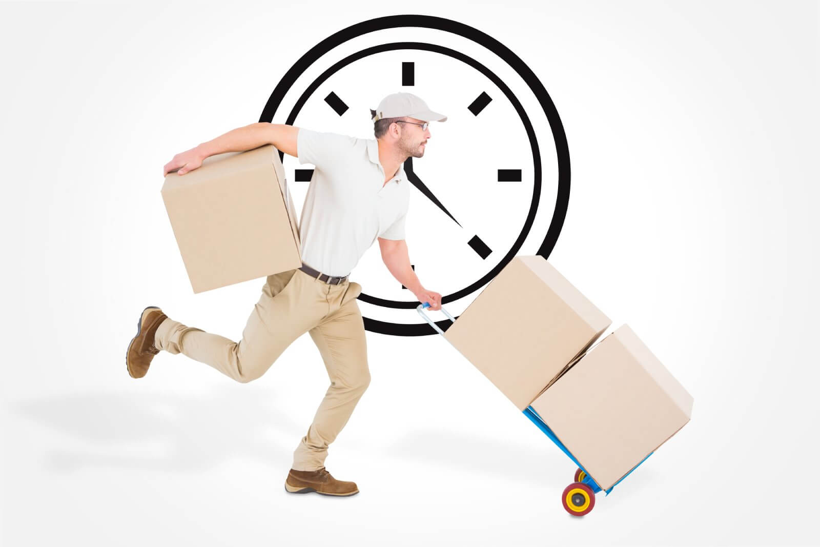 Delivery person rushing with boxes against a clock background