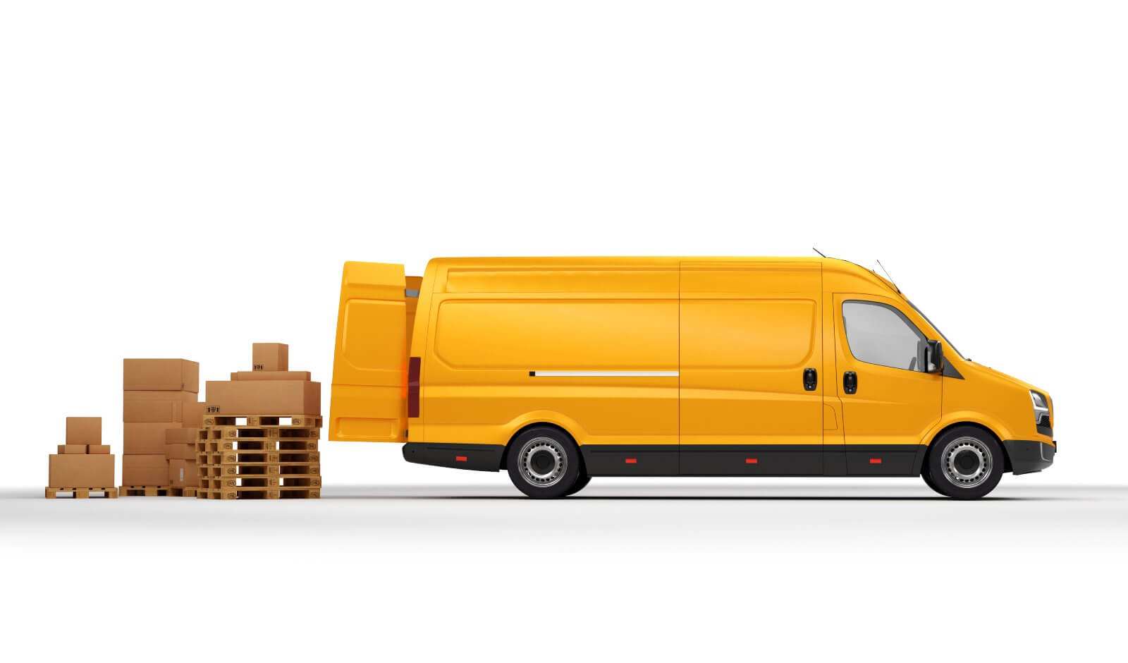 A yellow delivery van with its back doors open, next to stacked boxes on pallets