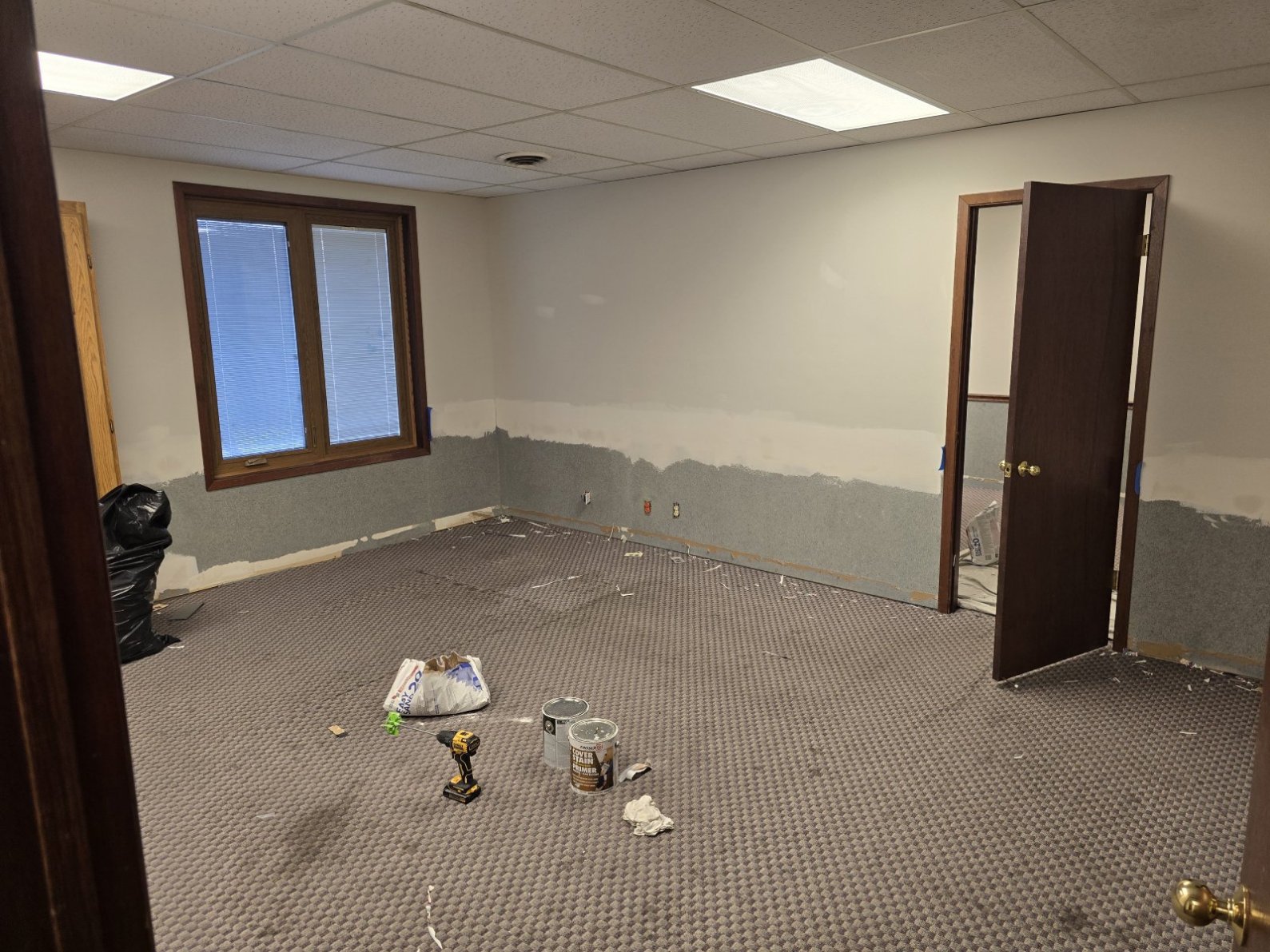 A professional painter working on a commercial office space