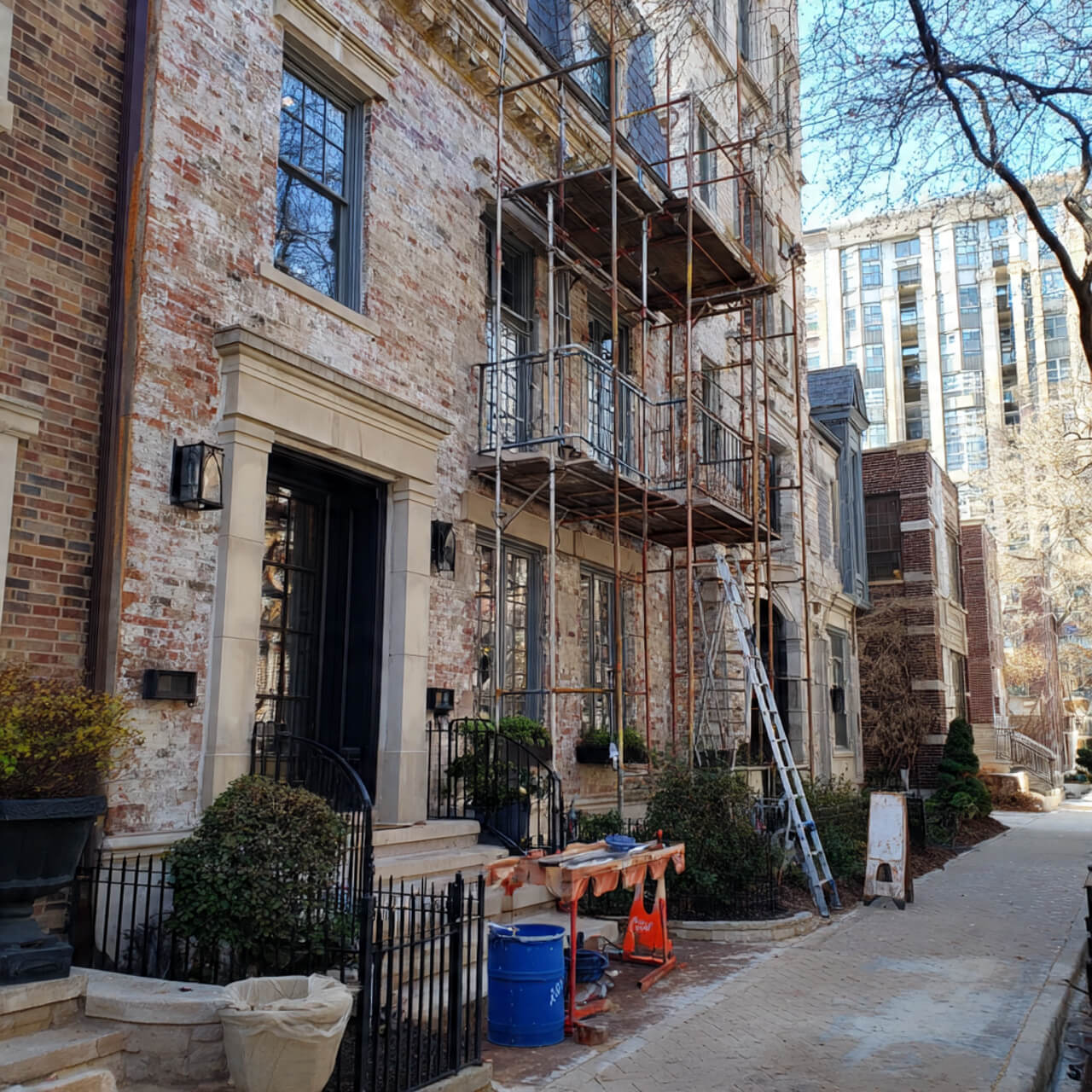 Building under renovation with scaffolding