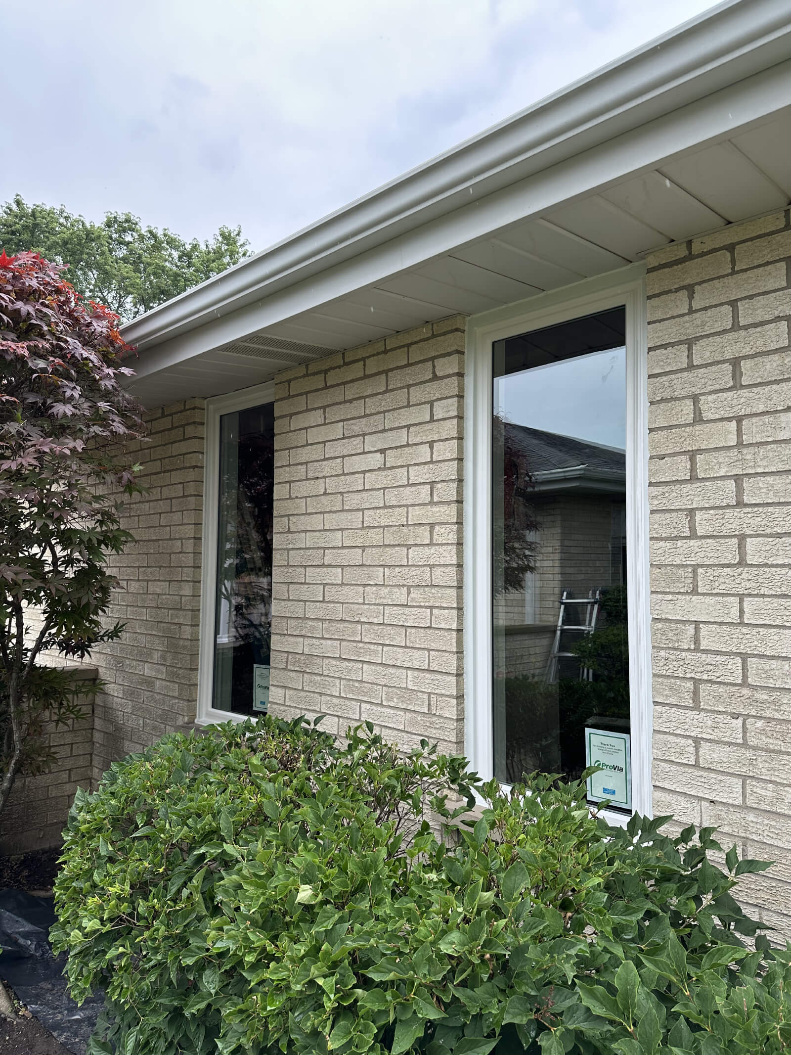 Exterior of a brick house with new windows and landscaping