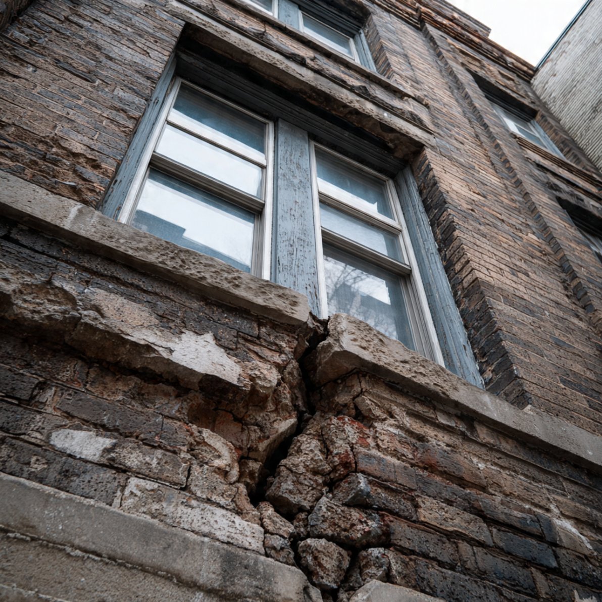 A large crack runs through the brickwork of an old building