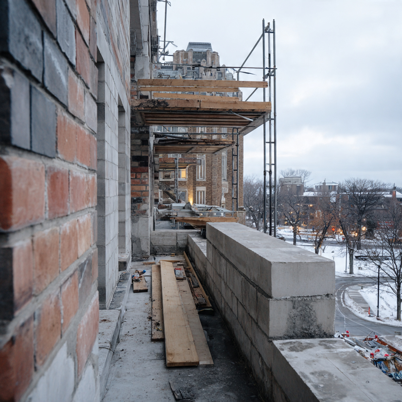 Construction site with scaffolding and brick building in winter.