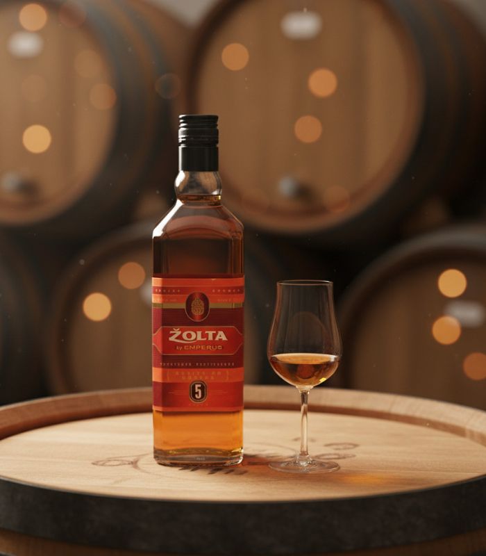 Flasche serbischer Rakija auf Holztisch