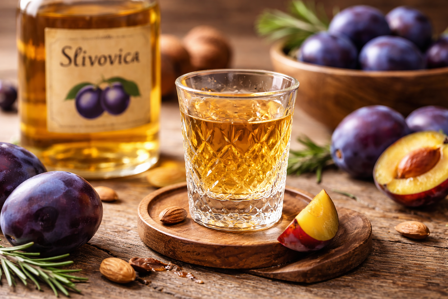 Glas mit Slivovica Digestif auf Holztisch