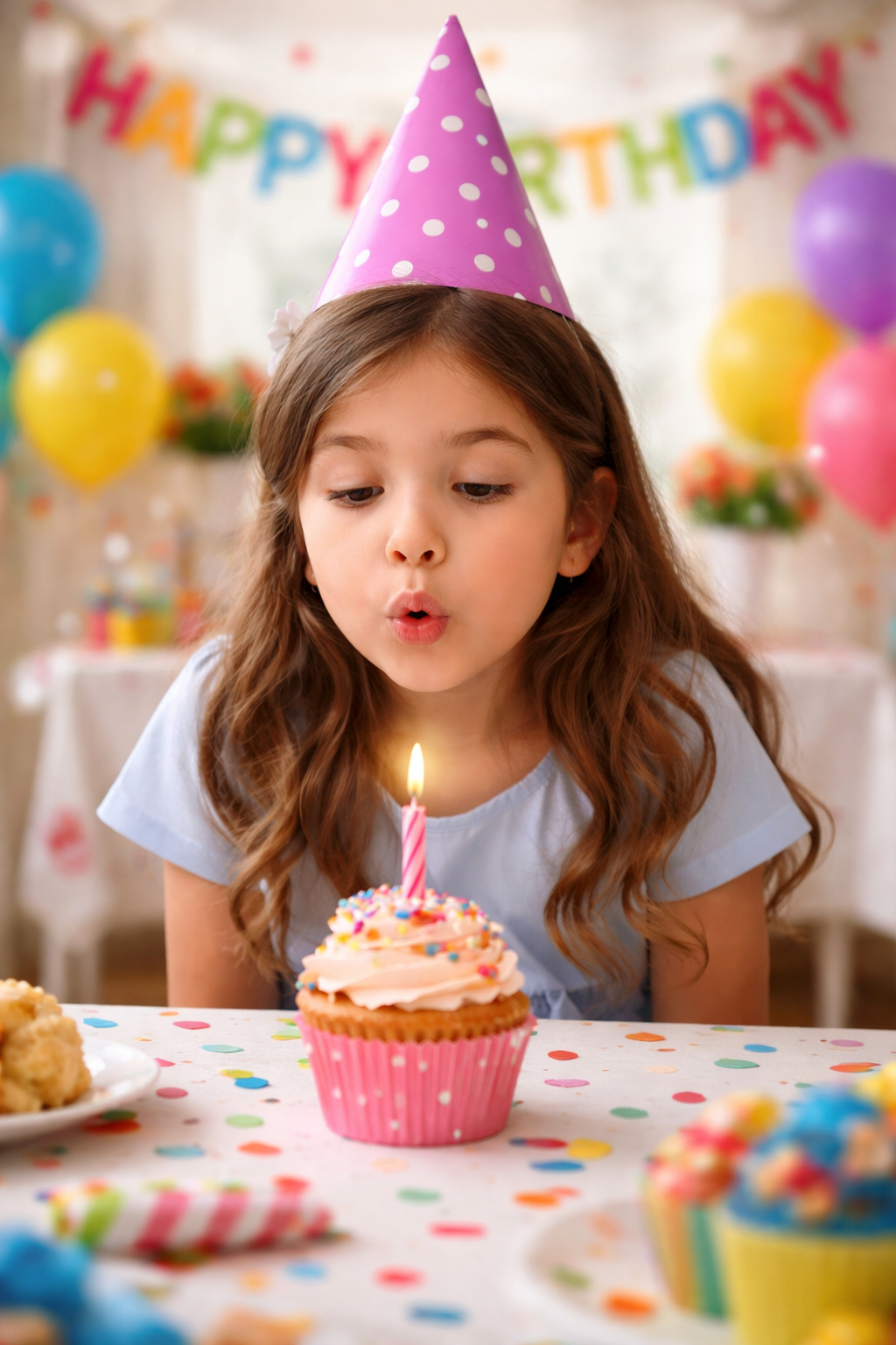 Kindergeburtstag Mädchen bläst Tortenkerzen aus