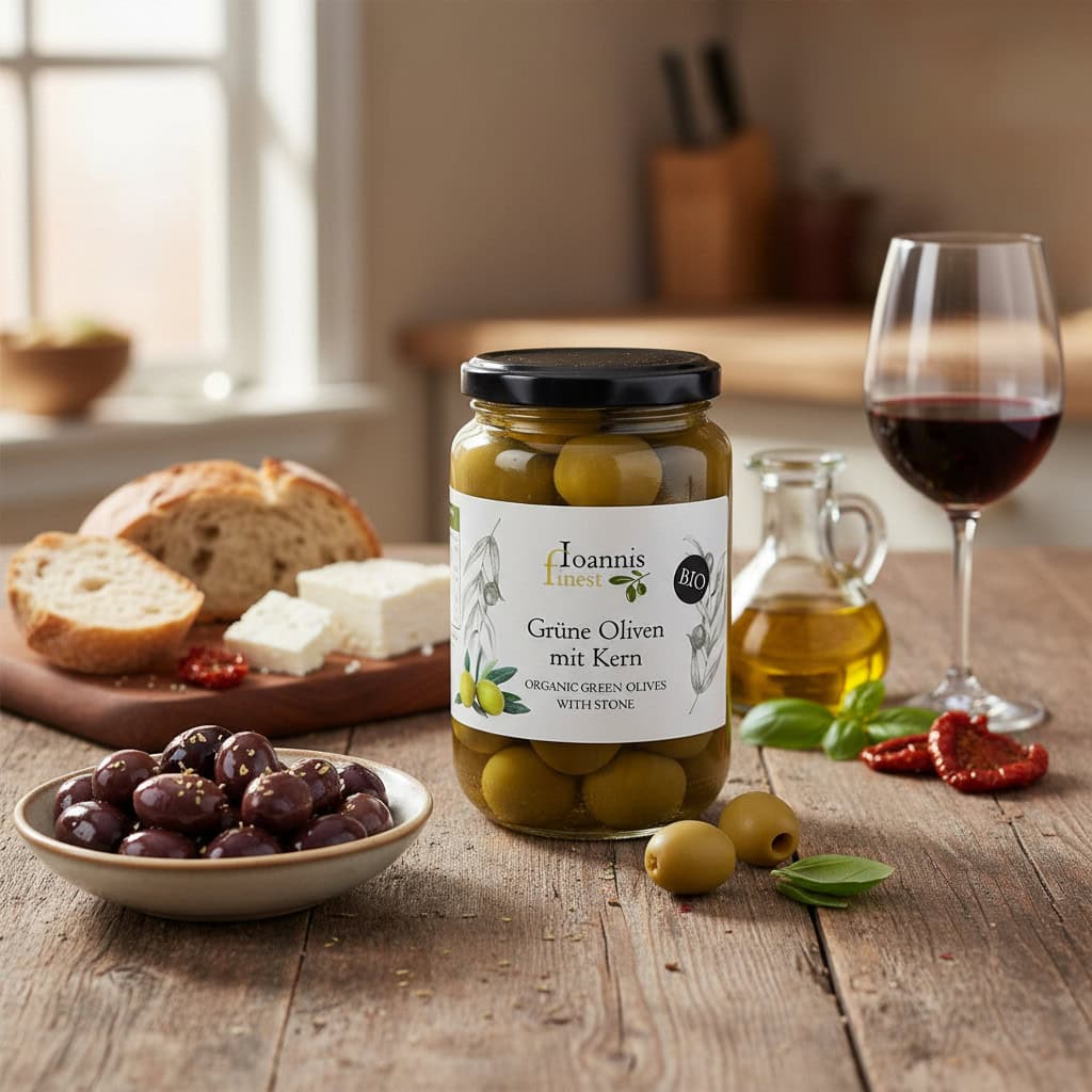 Grüne Oliven auf Holztisch