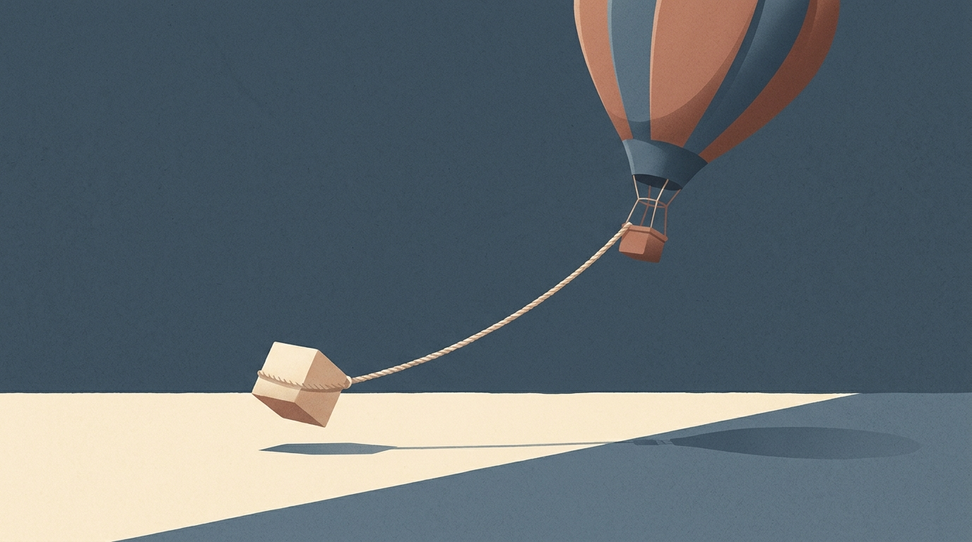 A hot air balloon pulls a box across a flat surface.