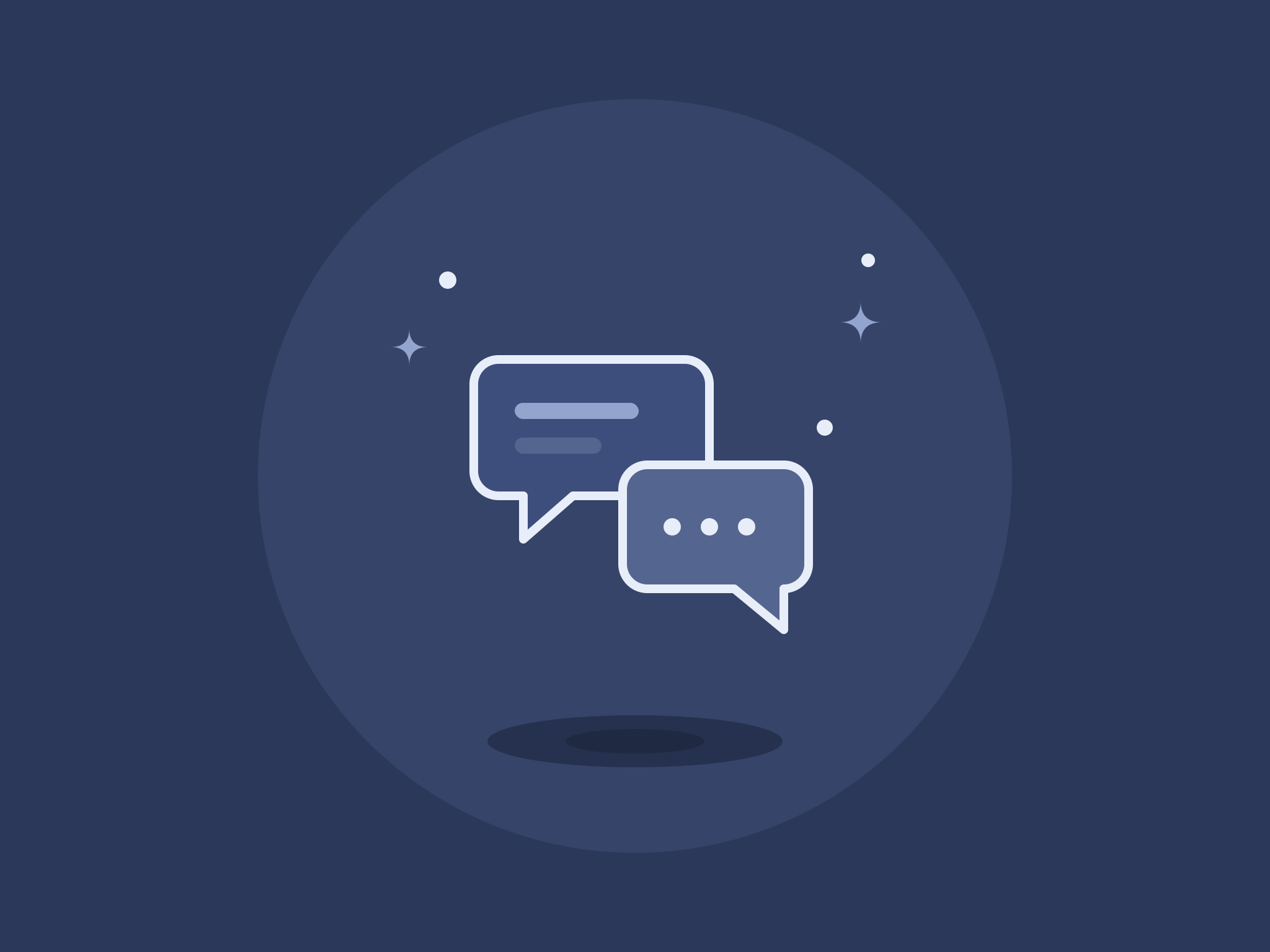 Two chat bubbles with lines and dots on a dark blue background