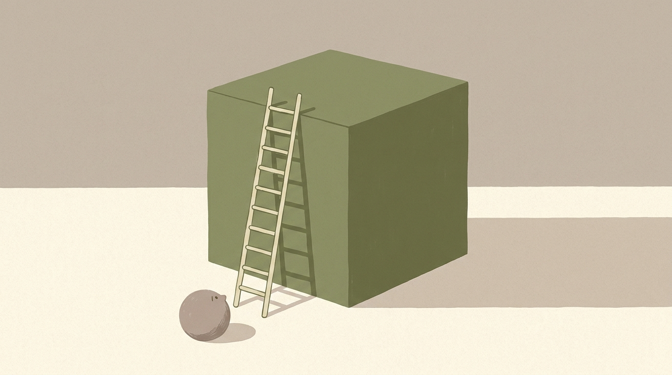 A ladder reaches for a cube