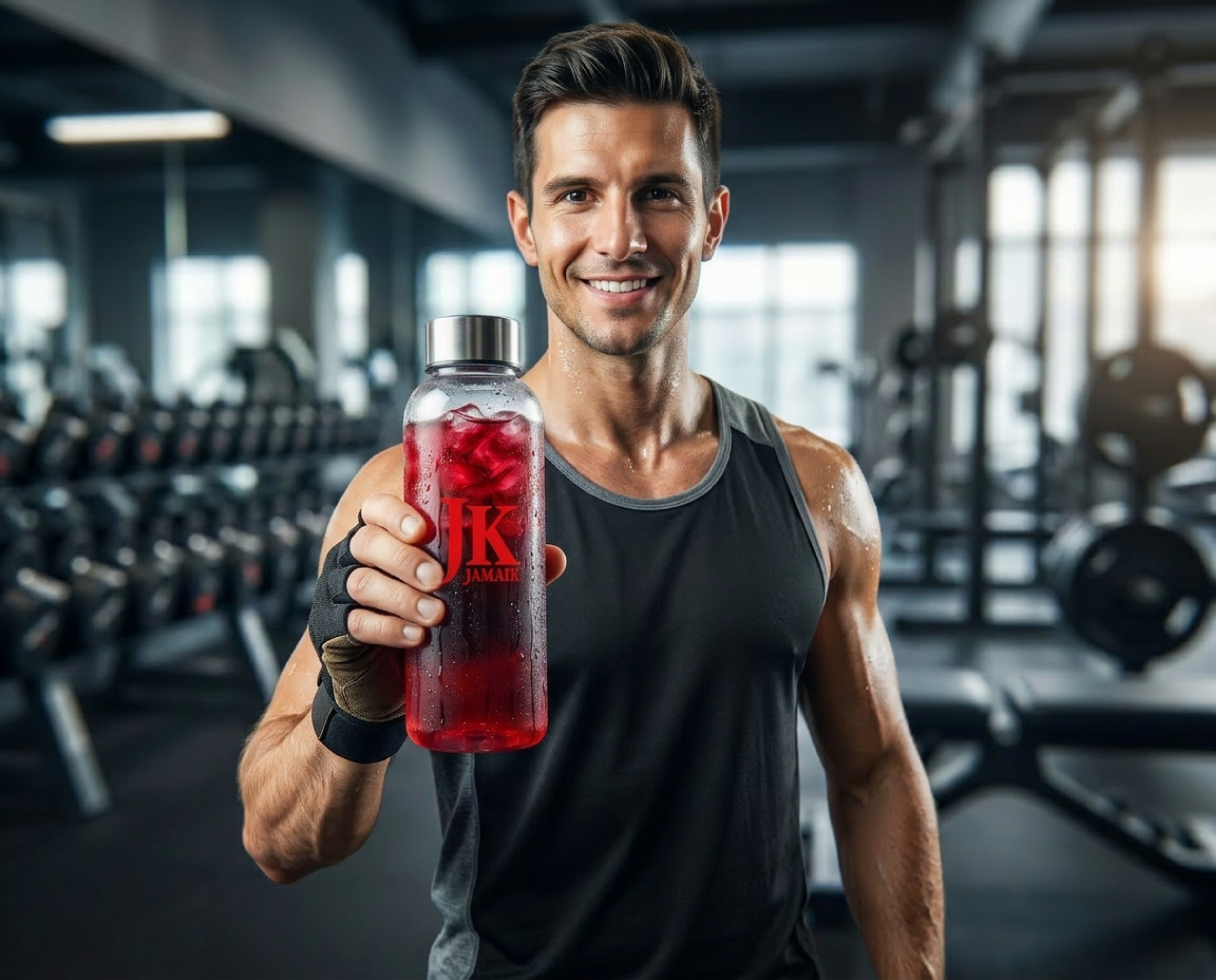 Smiling man in gym holding bottle of hibiscus water with JK JAMAIK logo.