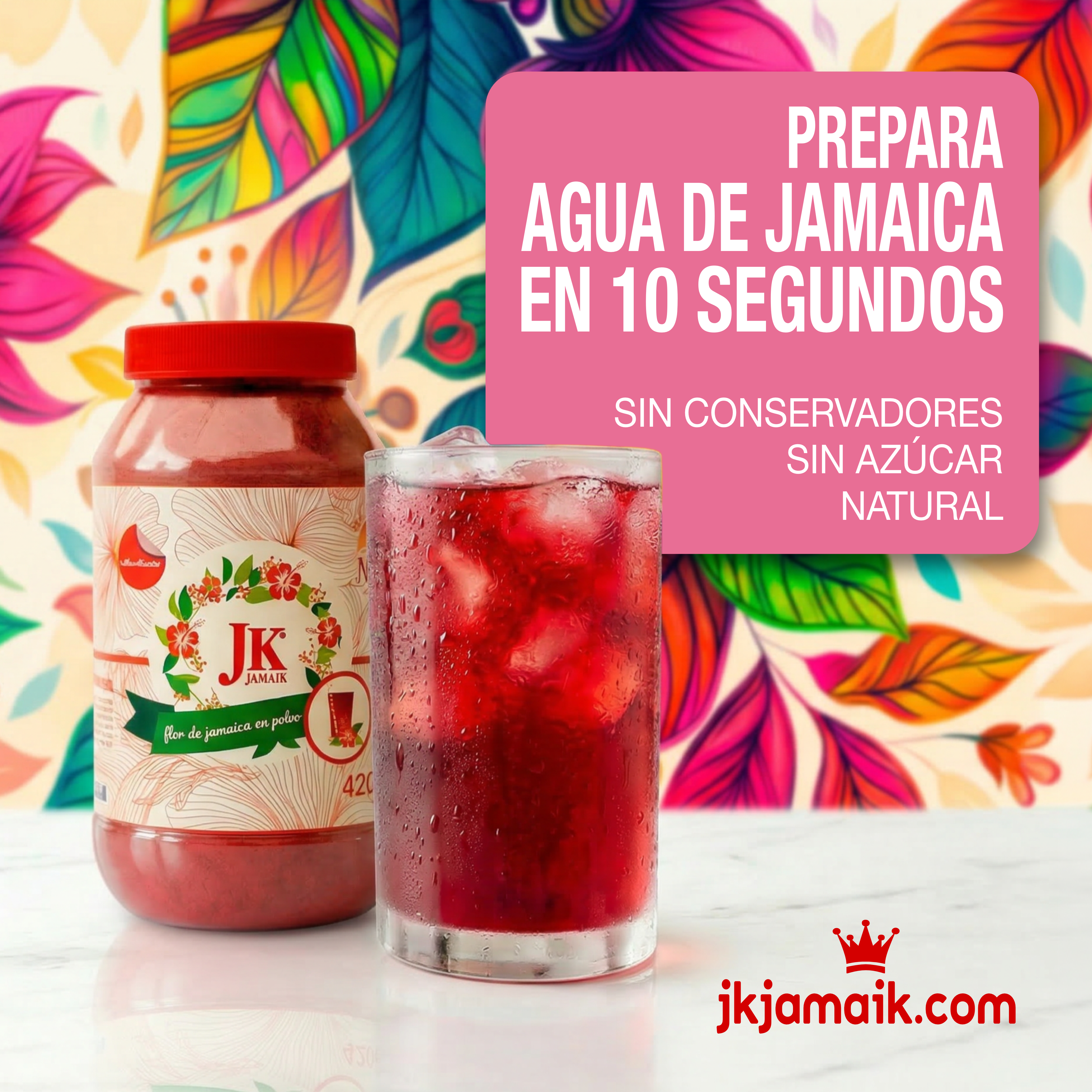Jar of jamaica powder and glass of jamaica drink, ready in 10 seconds.