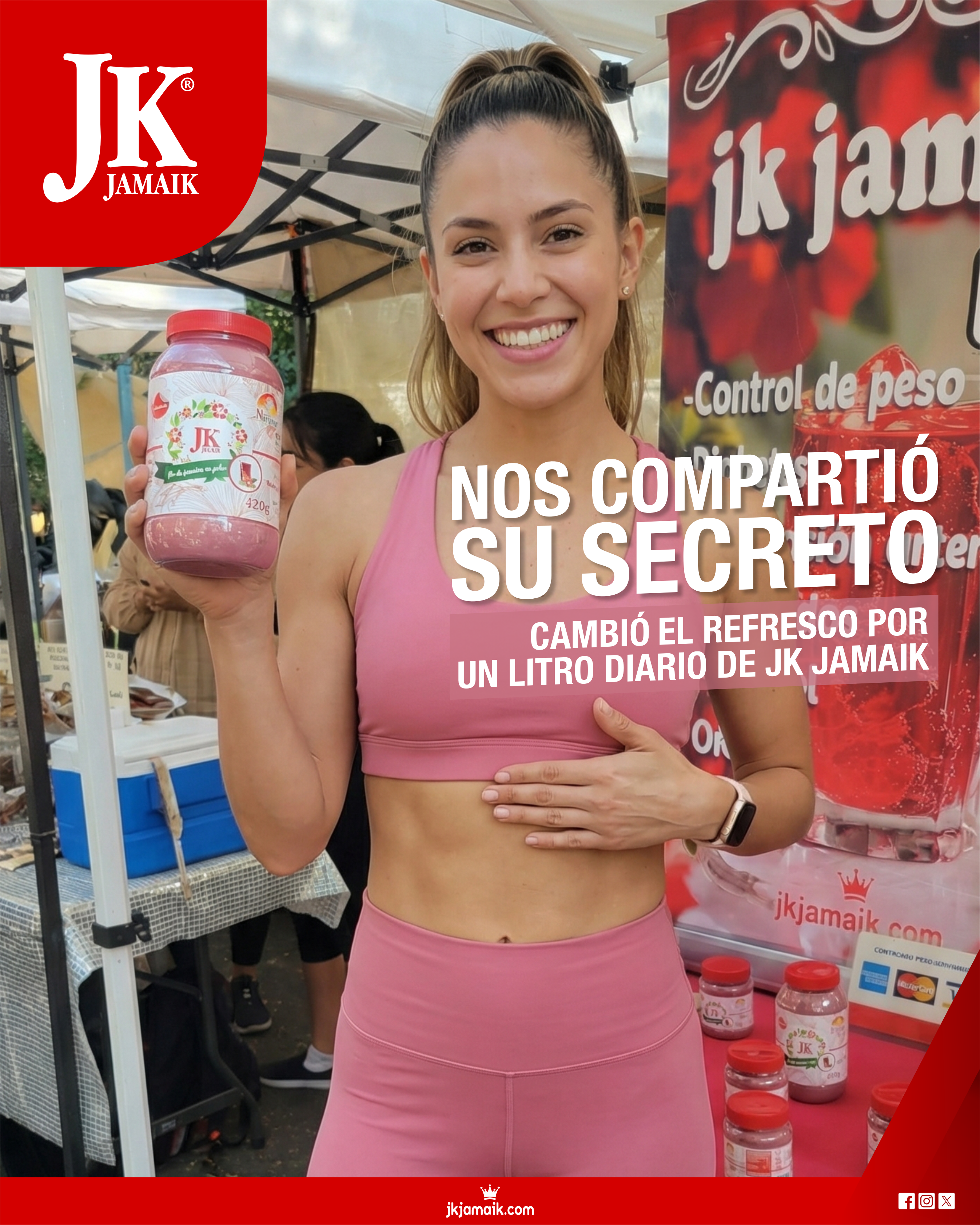 Woman in pink workout clothes holds JK JAMAIK product, smiling.