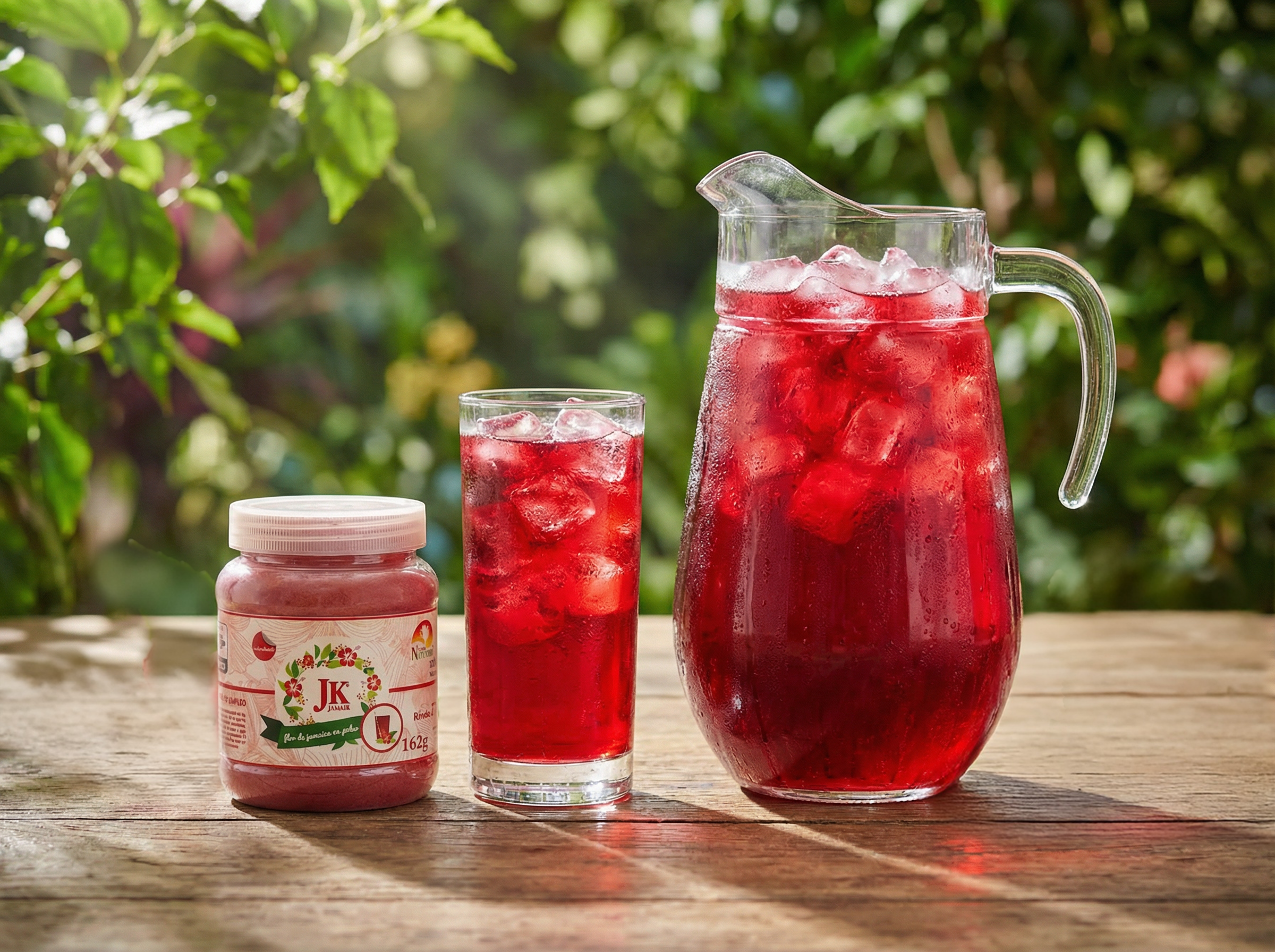 JK JAMAIK con una jarra y vaso preparado de deliciosa agua de jamaica