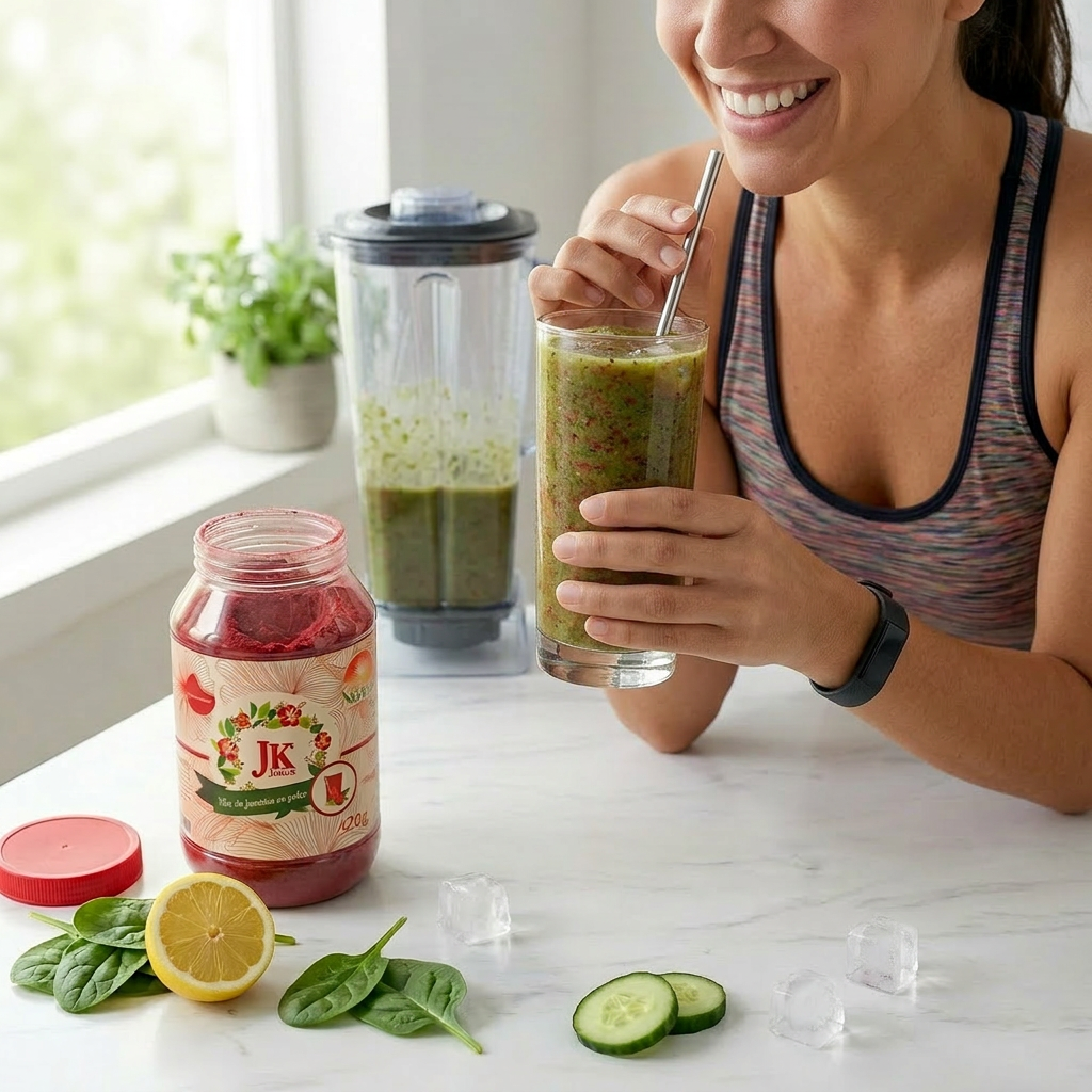 Mujer bebiendo smoothie verde con JK JAMAIK