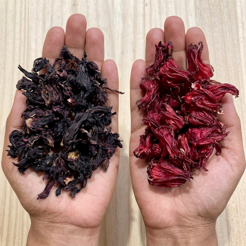 Two hands hold dried hibiscus flowers, one dark purple, one bright red.